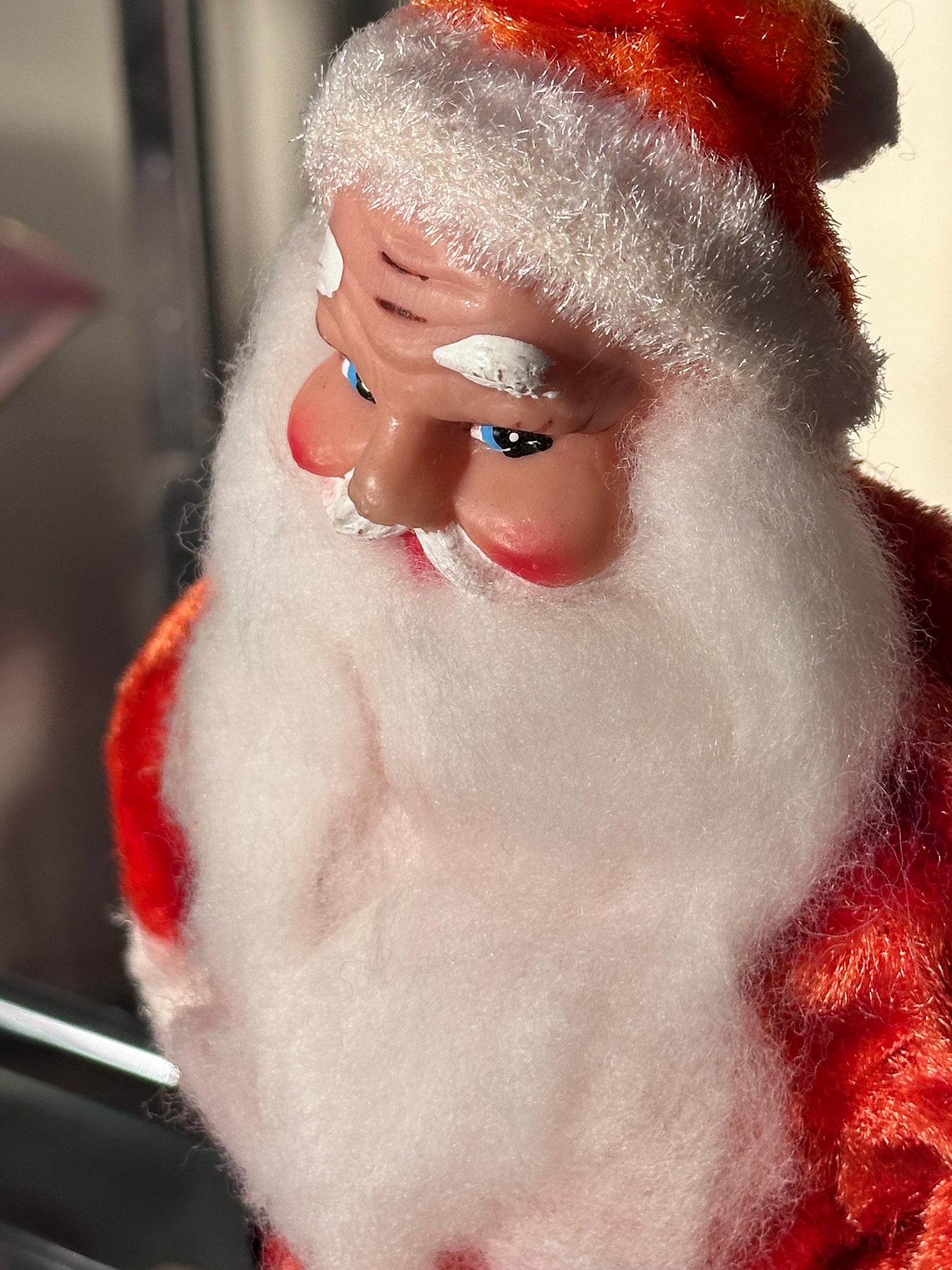 Vintage 1960s Musical Santa Claus Figurine – Animated Rubber Face, Plays Jingle Bells, 13" Tall