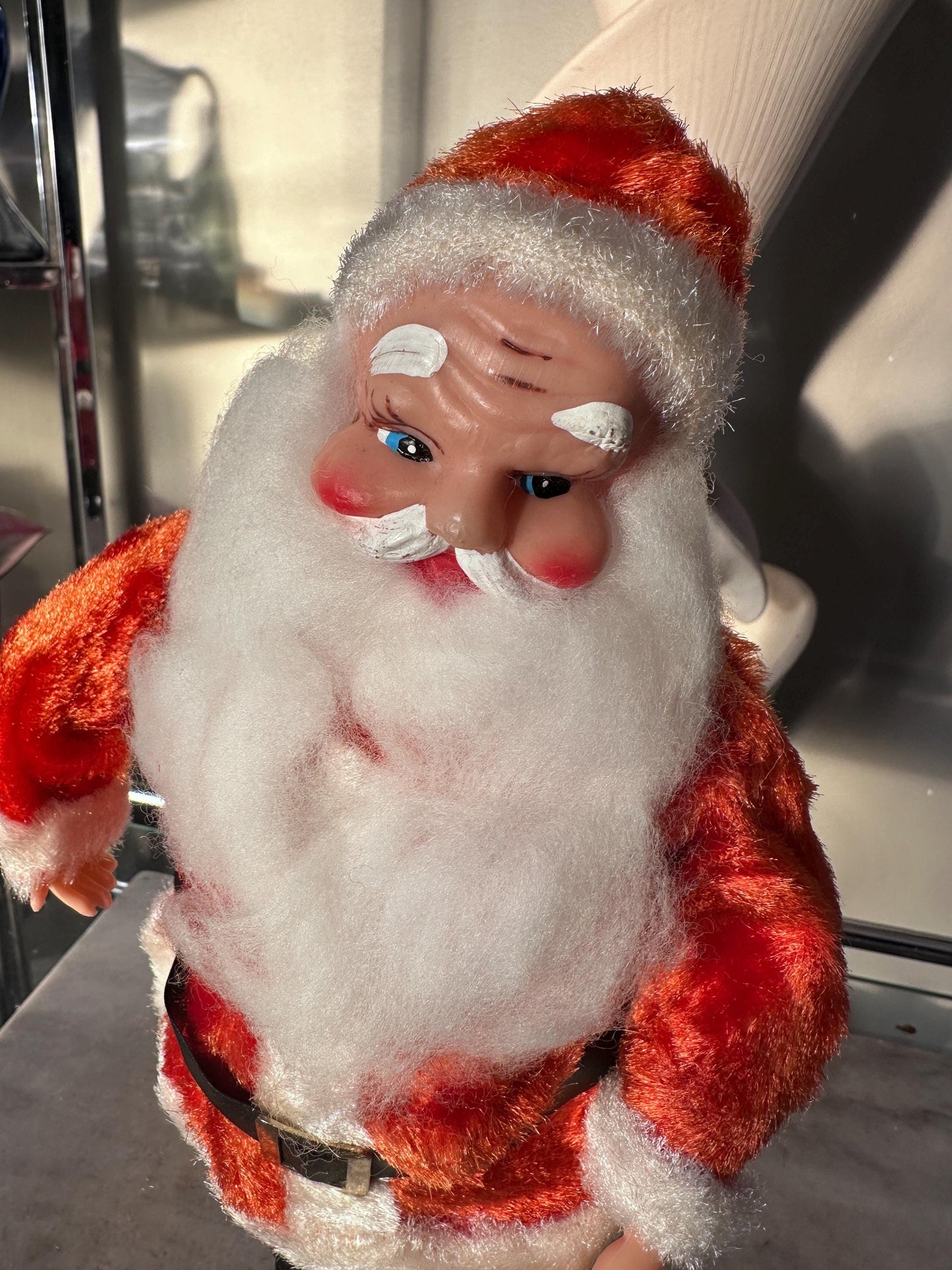 Vintage 1960s Musical Santa Claus Figurine – Animated Rubber Face, Plays Jingle Bells, 13" Tall