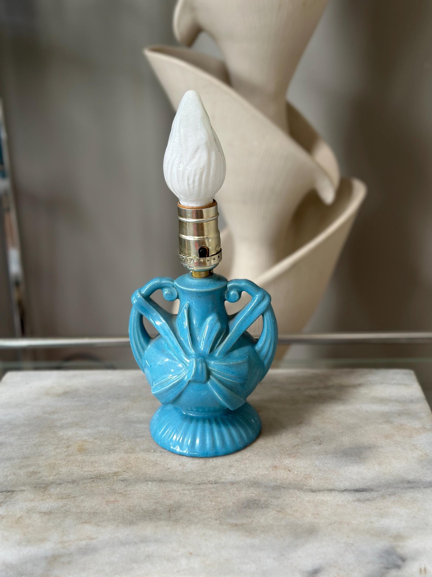 Vintage Blue Ceramic Lamp | Mid Century Bow Accent Lighting