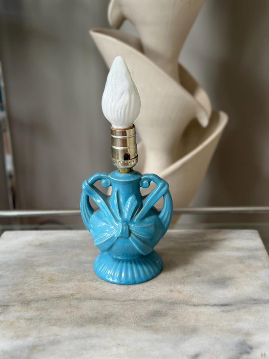Vintage Blue Ceramic Lamp | Mid Century Bow Accent Lighting