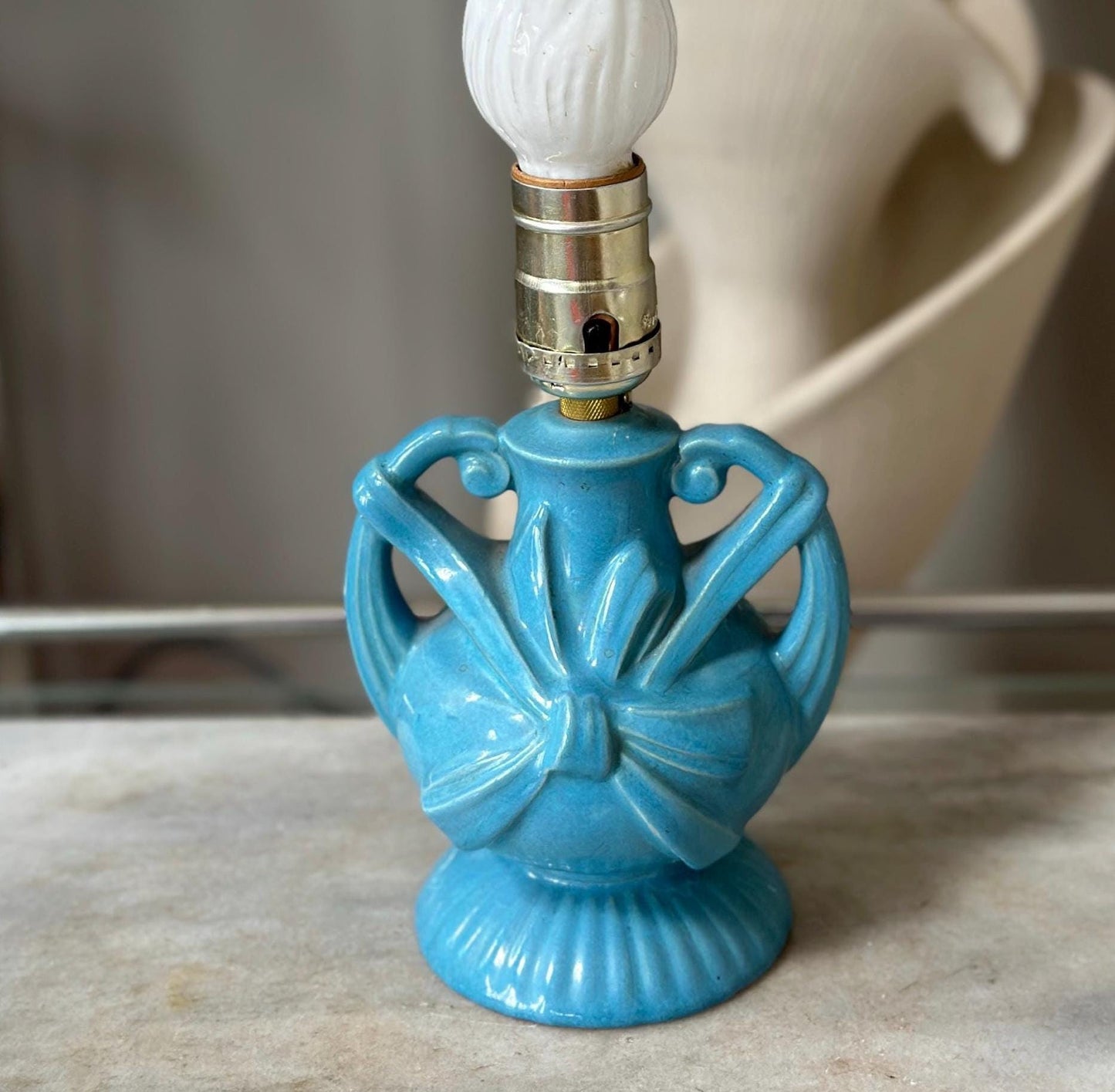 Vintage Blue Ceramic Lamp | Mid Century Bow Accent Lighting