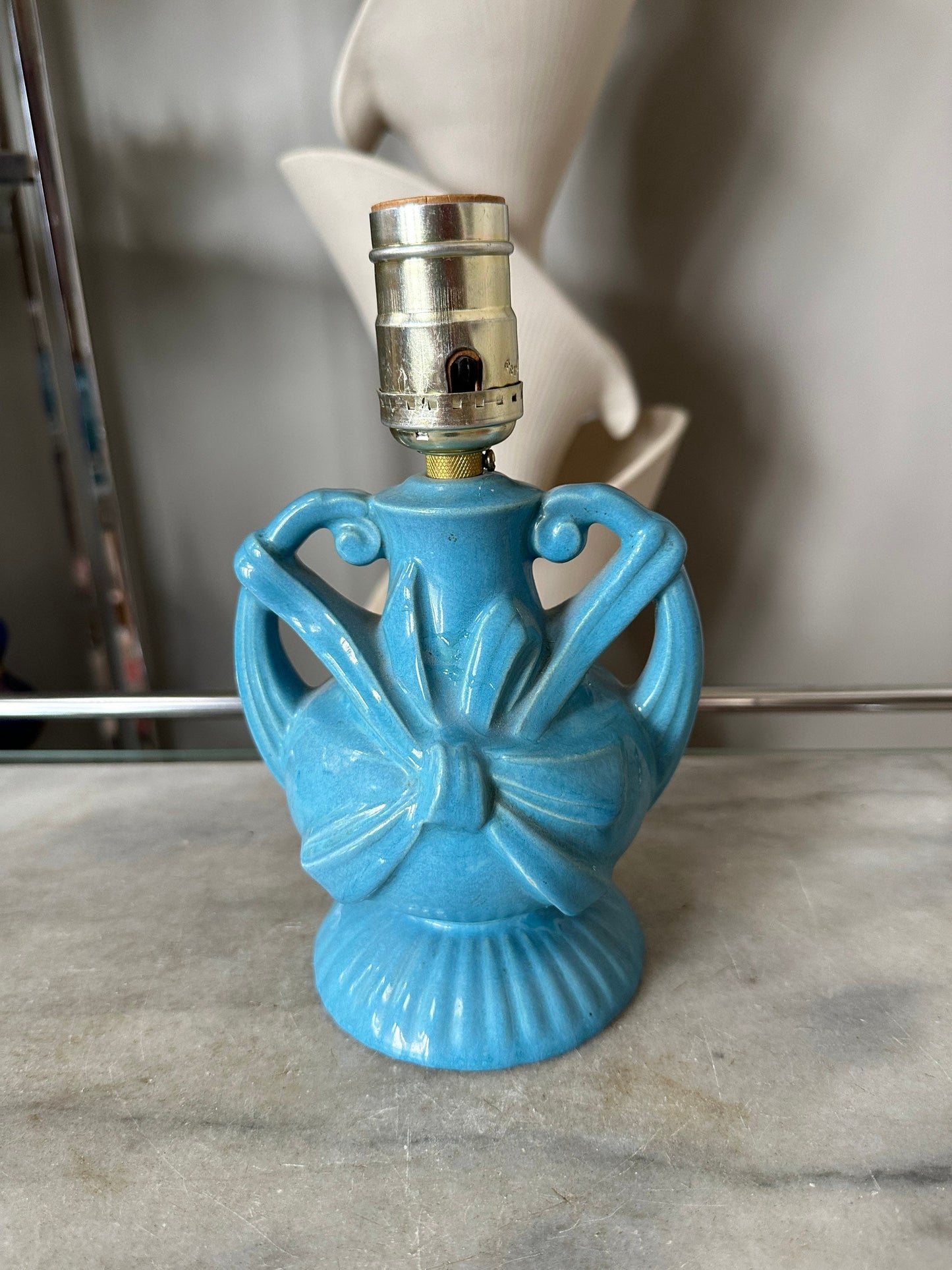 Vintage Blue Ceramic Lamp | Mid Century Bow Accent Lighting