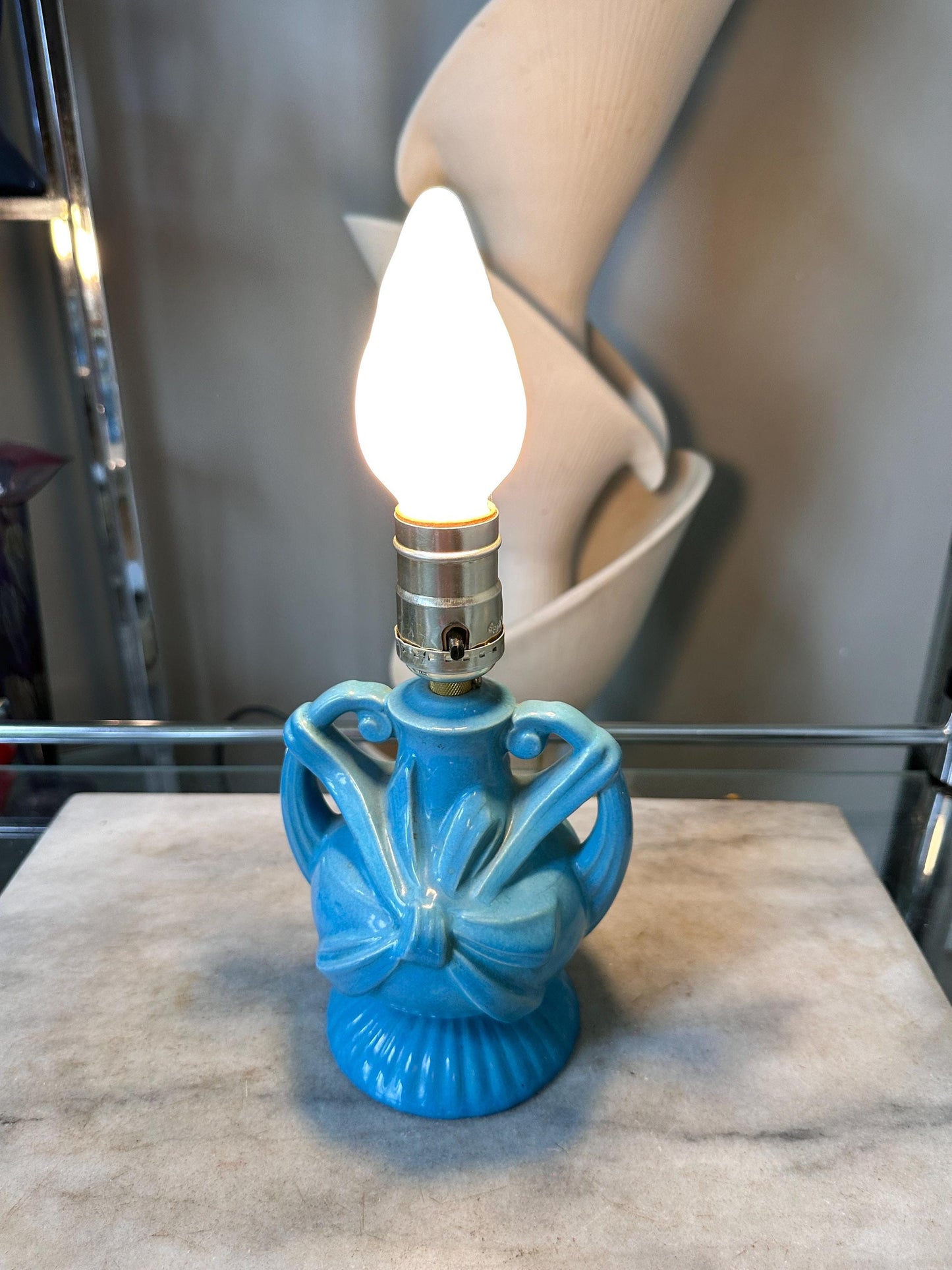 Vintage Blue Ceramic Lamp | Mid Century Bow Accent Lighting