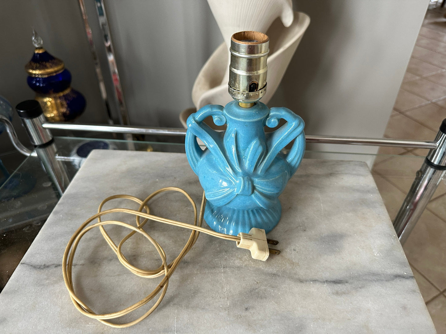 Vintage Blue Ceramic Lamp | Mid Century Bow Accent Lighting