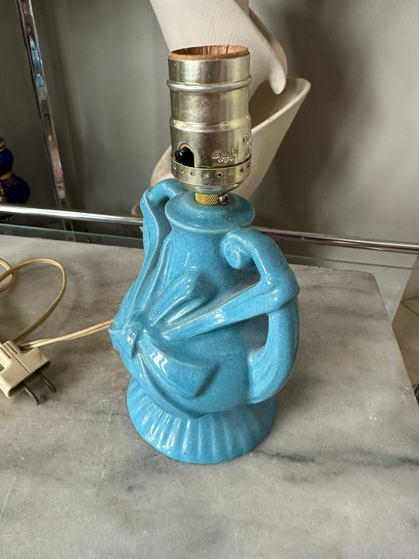 Vintage Blue Ceramic Lamp | Mid Century Bow Accent Lighting