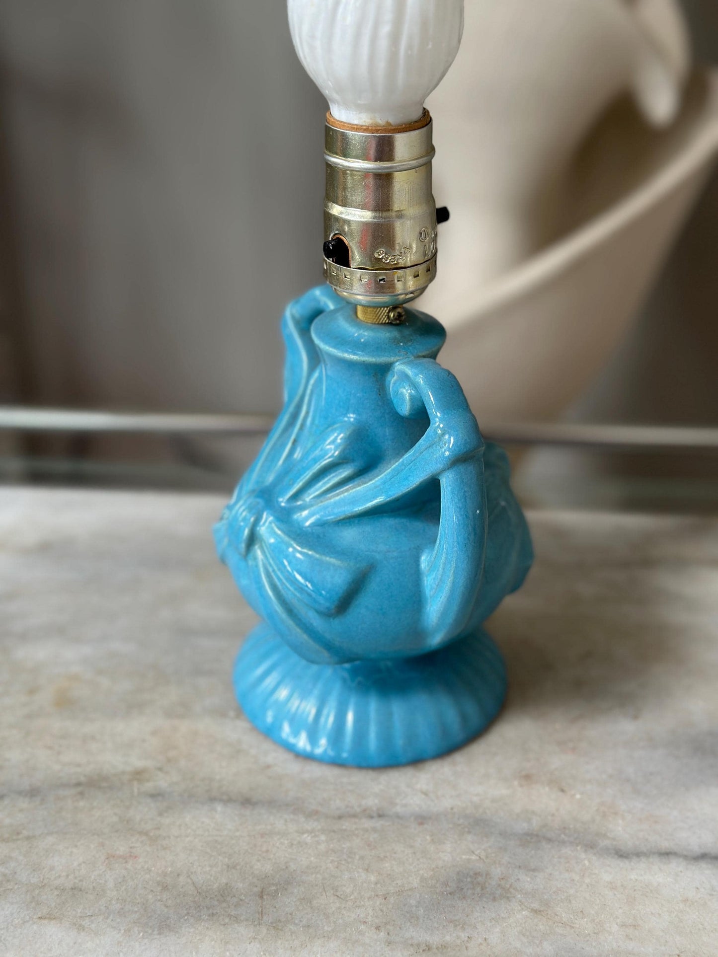 Vintage Blue Ceramic Lamp | Mid Century Bow Accent Lighting