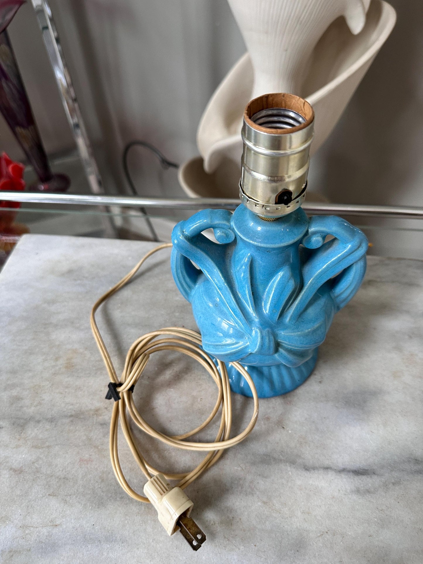 Vintage Blue Ceramic Lamp | Mid Century Bow Accent Lighting