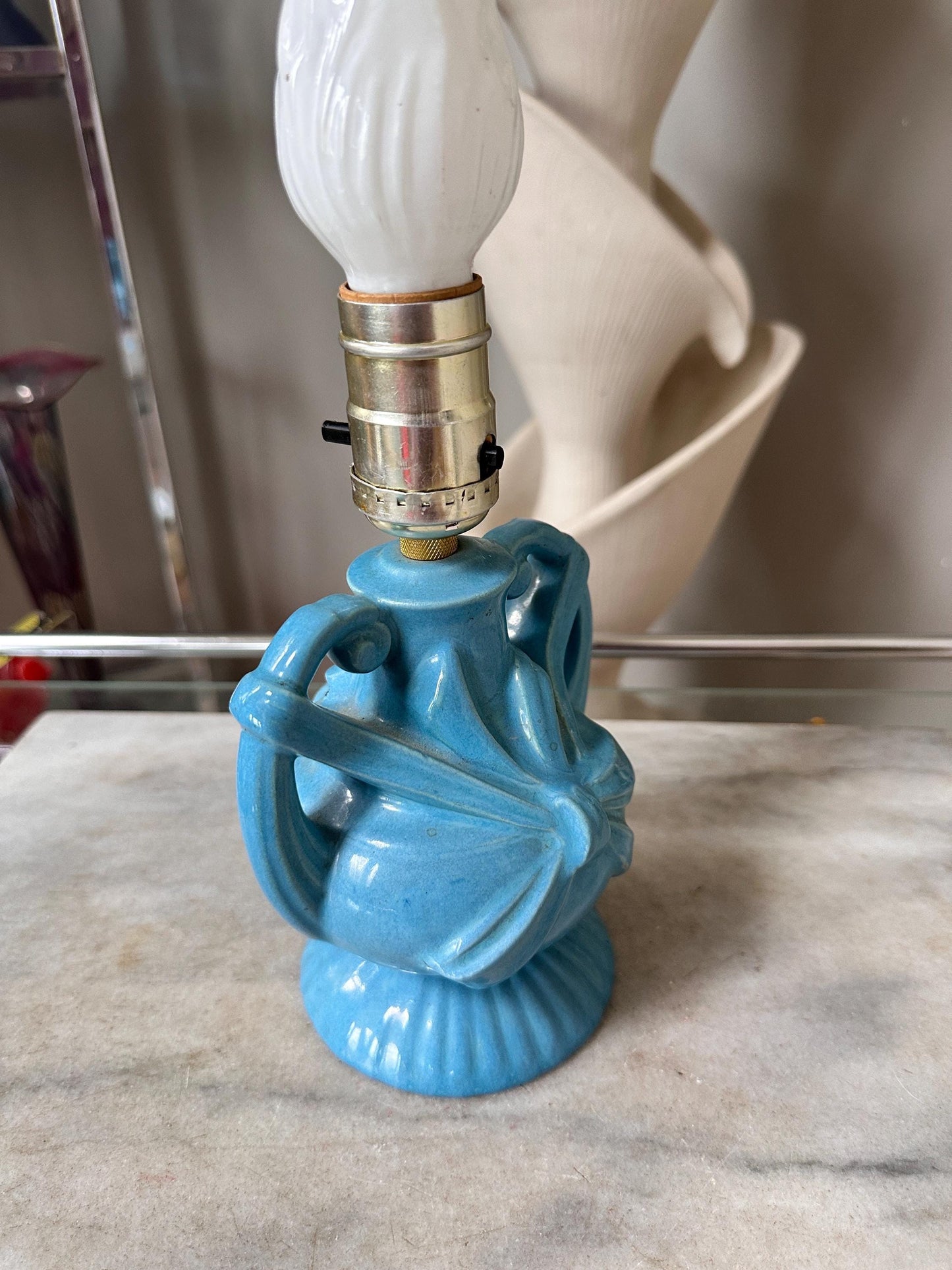 Vintage Blue Ceramic Lamp | Mid Century Bow Accent Lighting