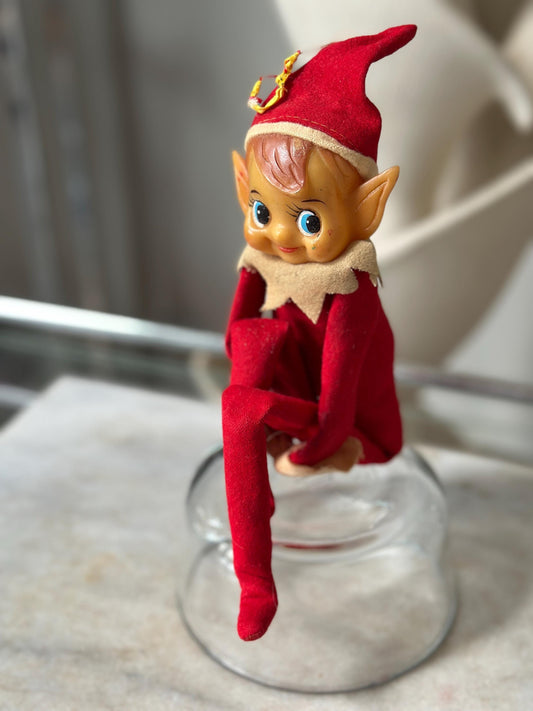 Vintage Large Knee Hugger Elf  | Red Felt Suit | Rubber Faved | 14” | Kitschy Christmas