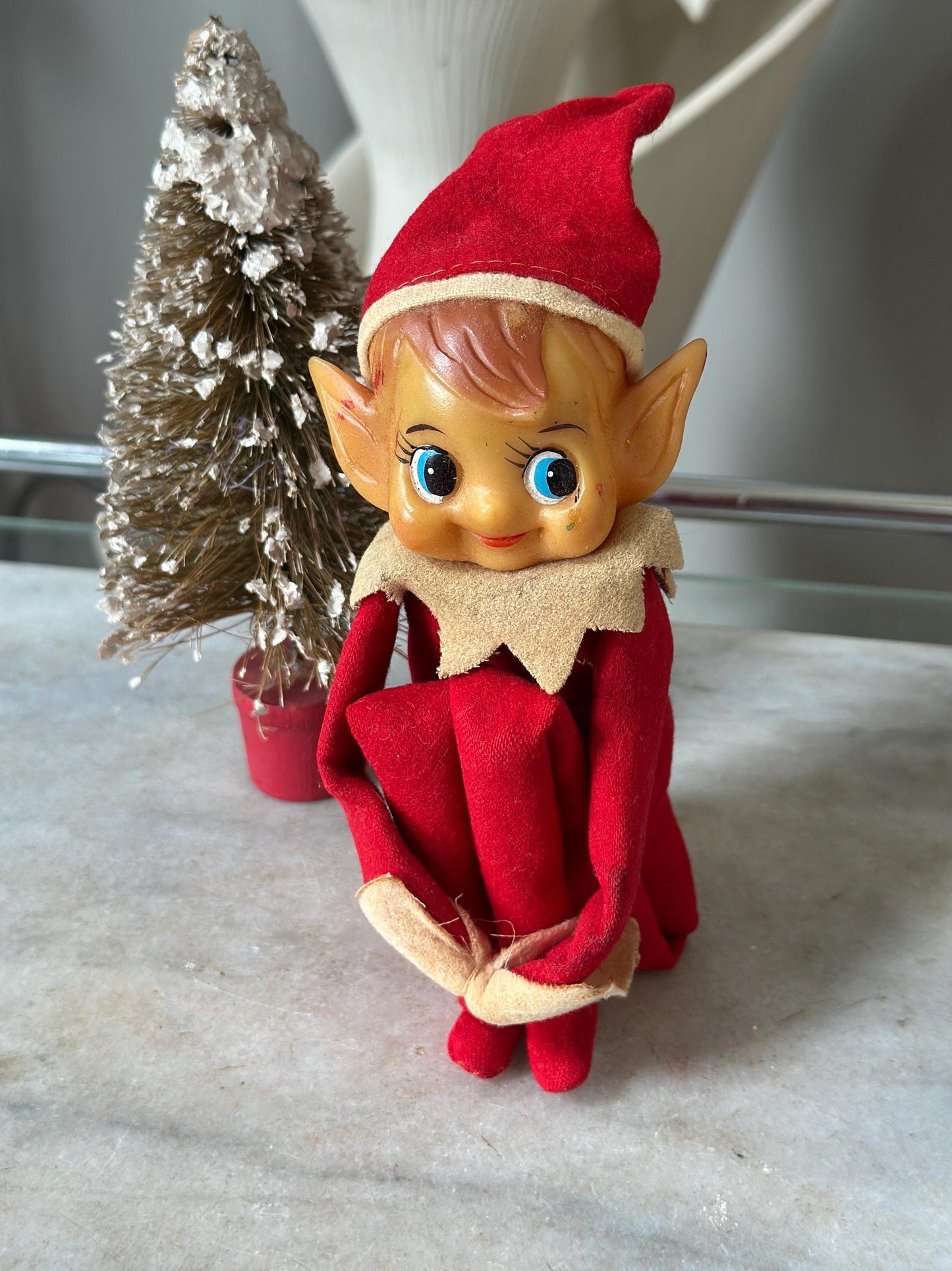 Vintage Large Knee Hugger Elf  | Red Felt Suit | Rubber Faved | 14” | Kitschy Christmas