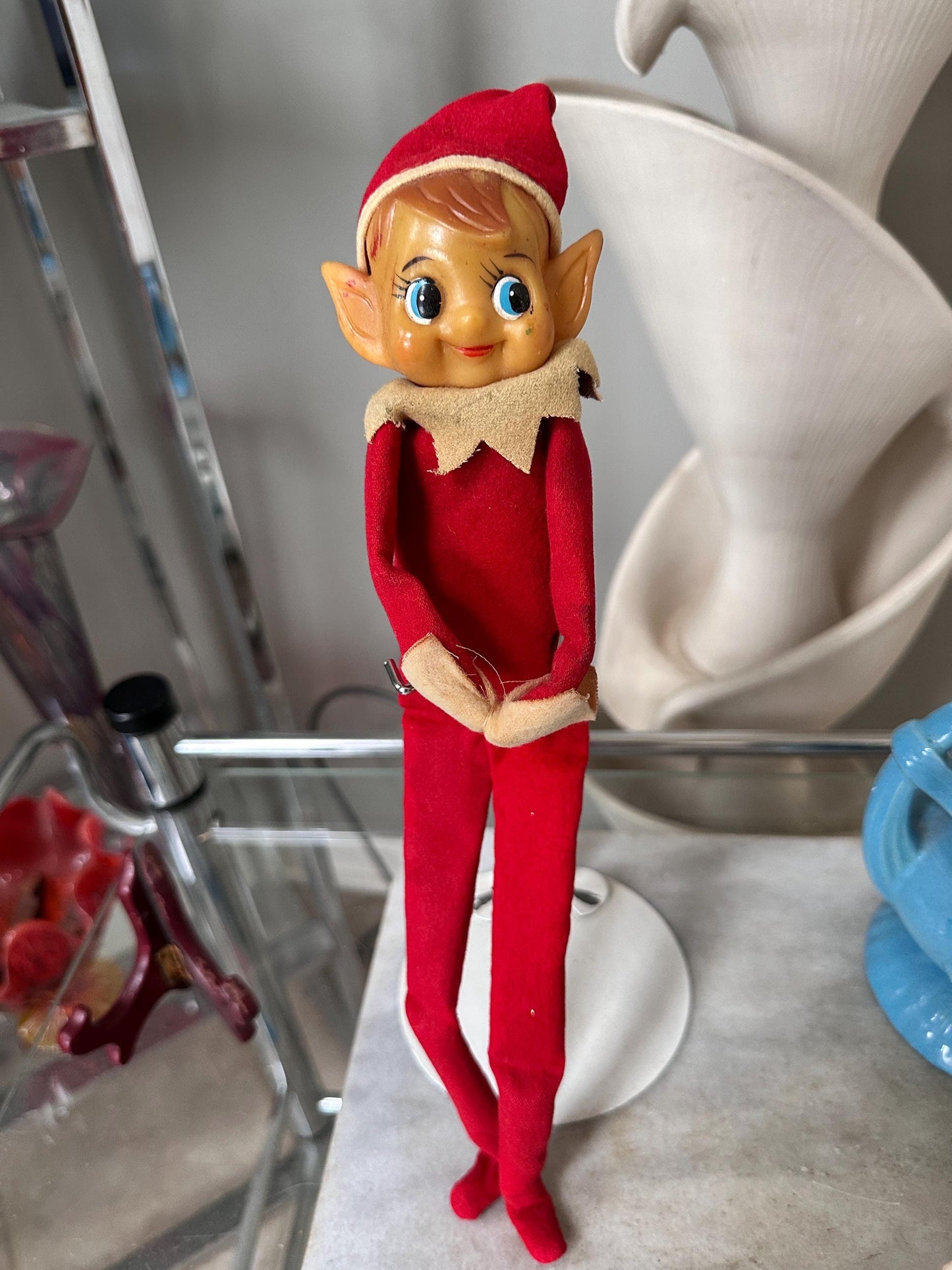 Vintage Large Knee Hugger Elf  | Red Felt Suit | Rubber Faved | 14” | Kitschy Christmas