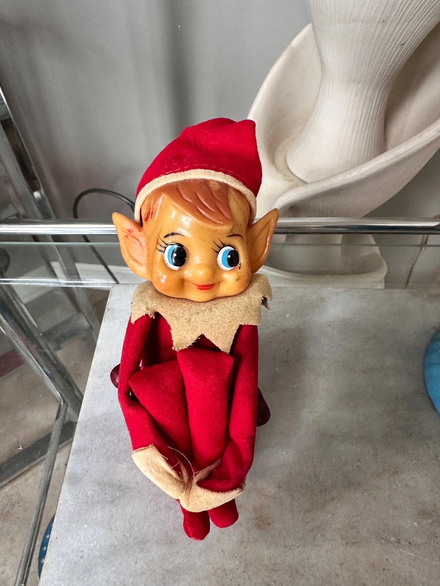 Vintage Large Knee Hugger Elf  | Red Felt Suit | Rubber Faved | 14” | Kitschy Christmas
