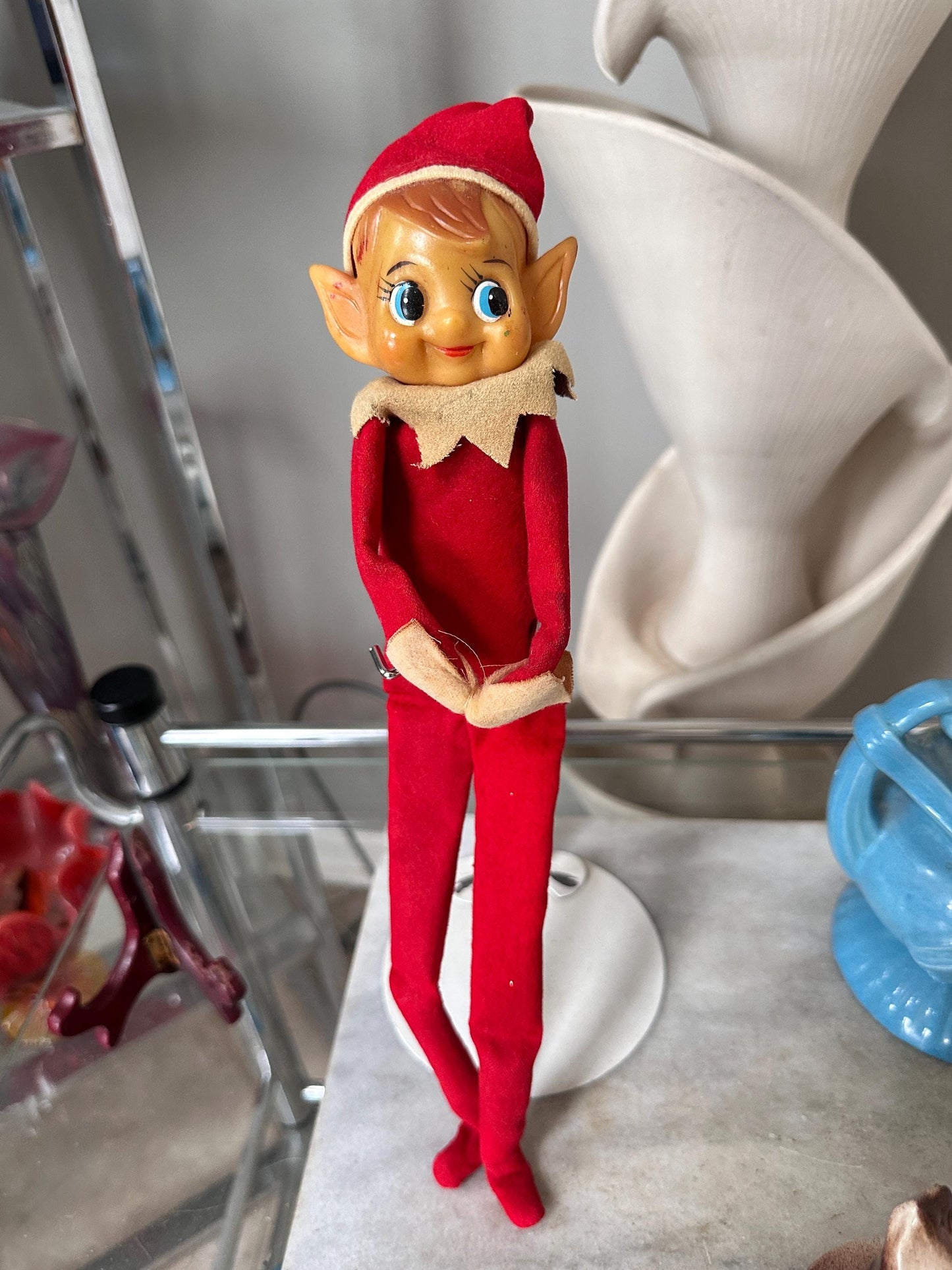 Vintage Large Knee Hugger Elf  | Red Felt Suit | Rubber Faved | 14” | Kitschy Christmas