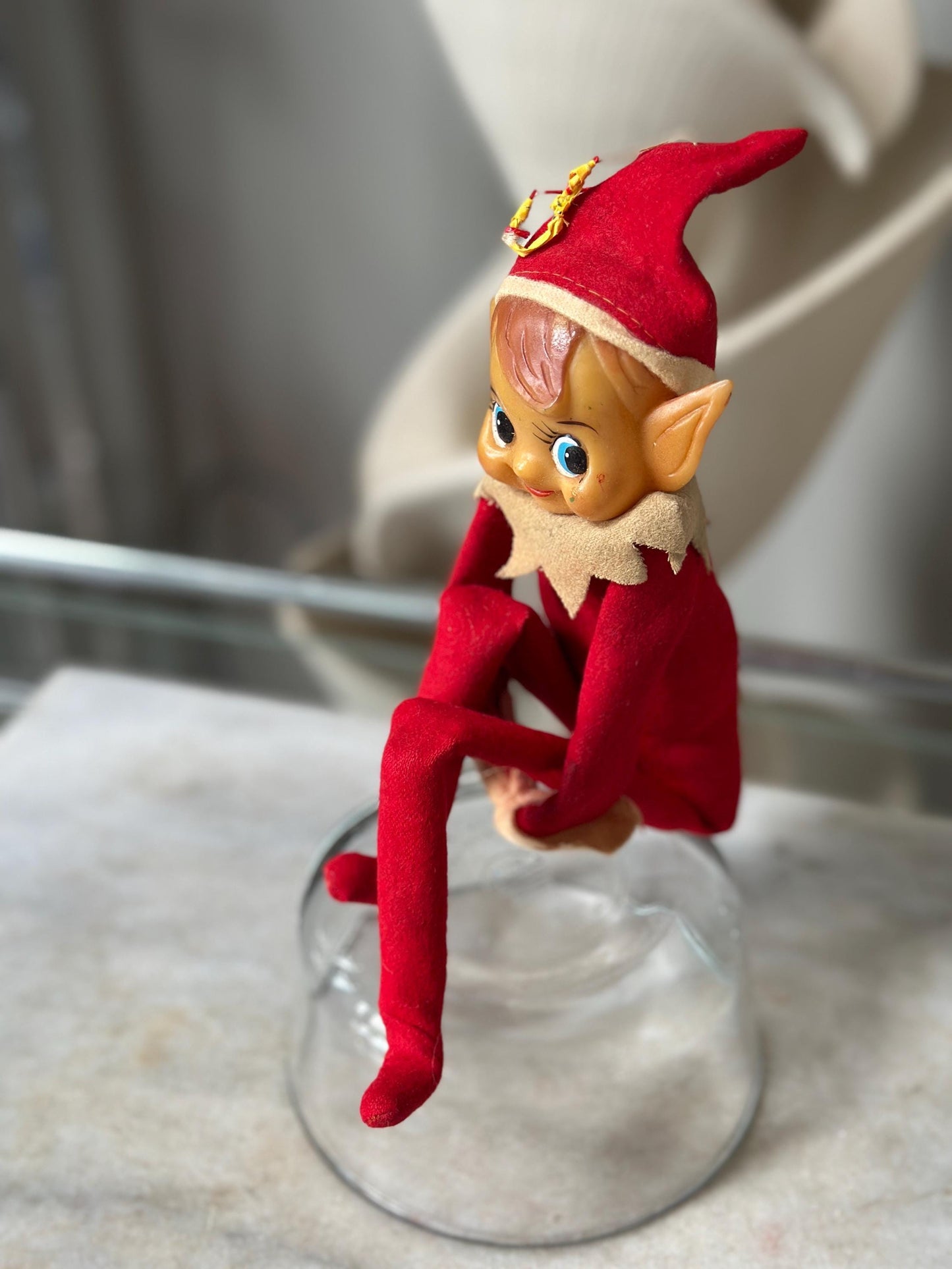 Vintage Large Knee Hugger Elf  | Red Felt Suit | Rubber Faved | 14” | Kitschy Christmas