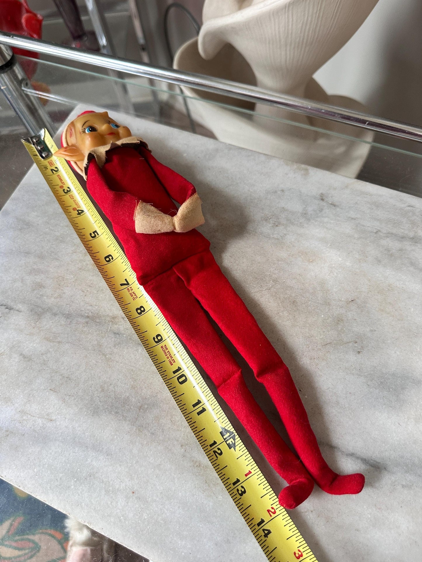 Vintage Large Knee Hugger Elf  | Red Felt Suit | Rubber Faved | 14” | Kitschy Christmas