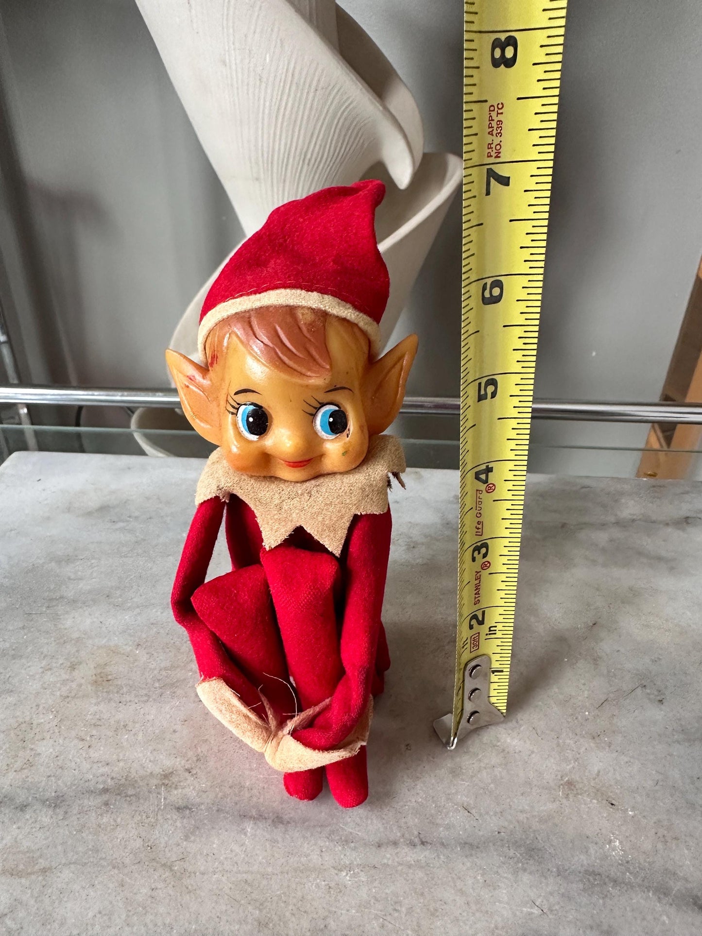 Vintage Large Knee Hugger Elf  | Red Felt Suit | Rubber Faved | 14” | Kitschy Christmas