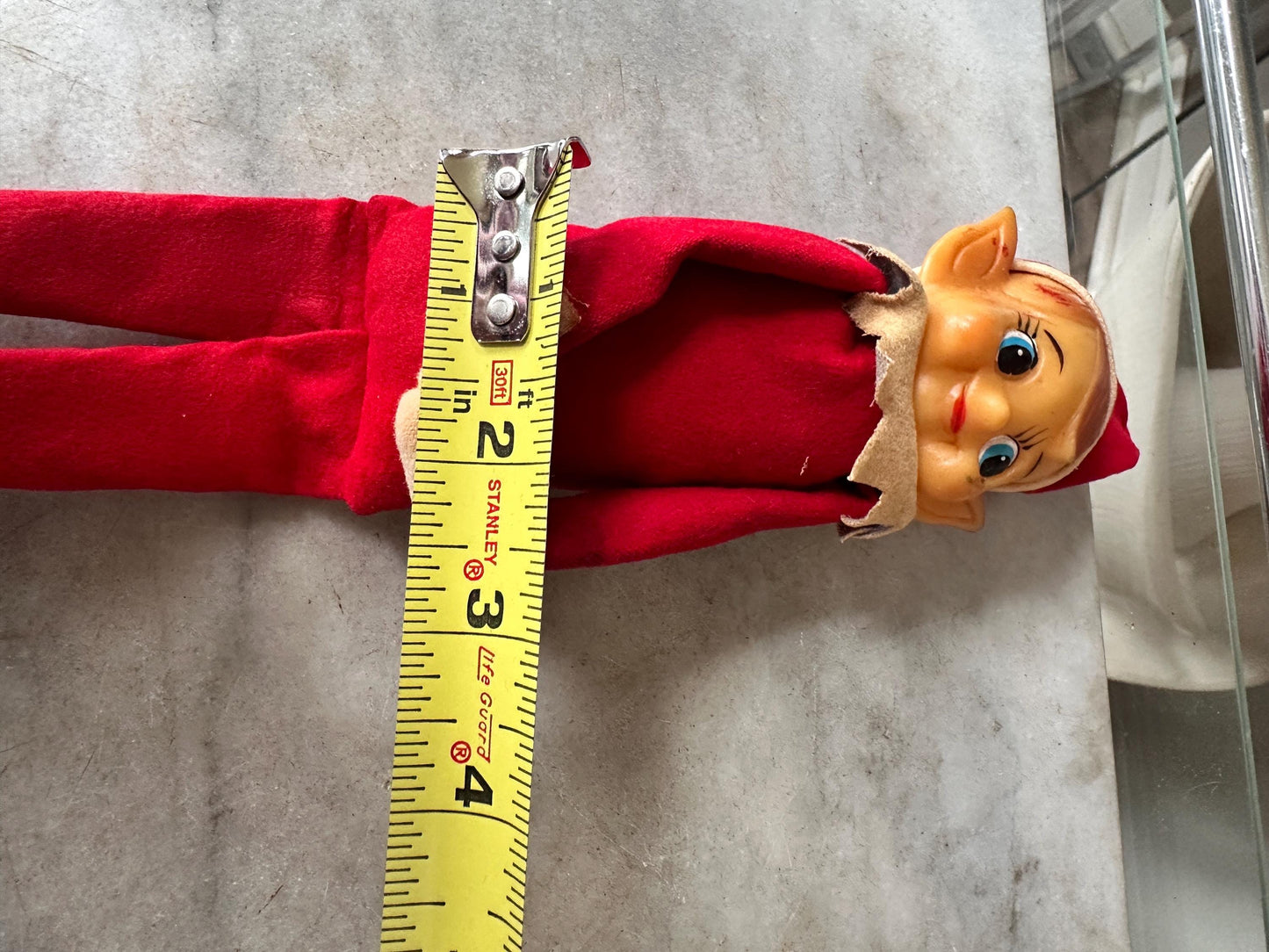 Vintage Large Knee Hugger Elf  | Red Felt Suit | Rubber Faved | 14” | Kitschy Christmas