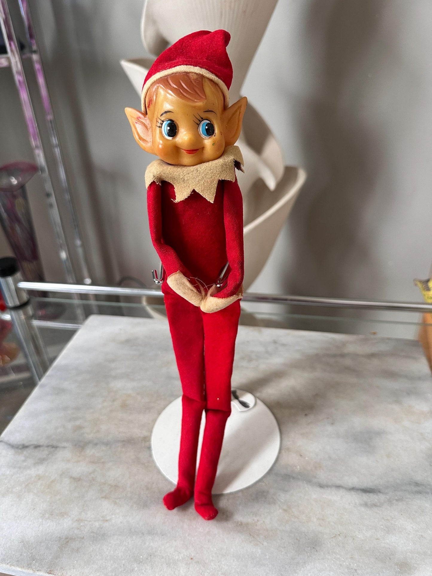 Vintage Large Knee Hugger Elf  | Red Felt Suit | Rubber Faved | 14” | Kitschy Christmas