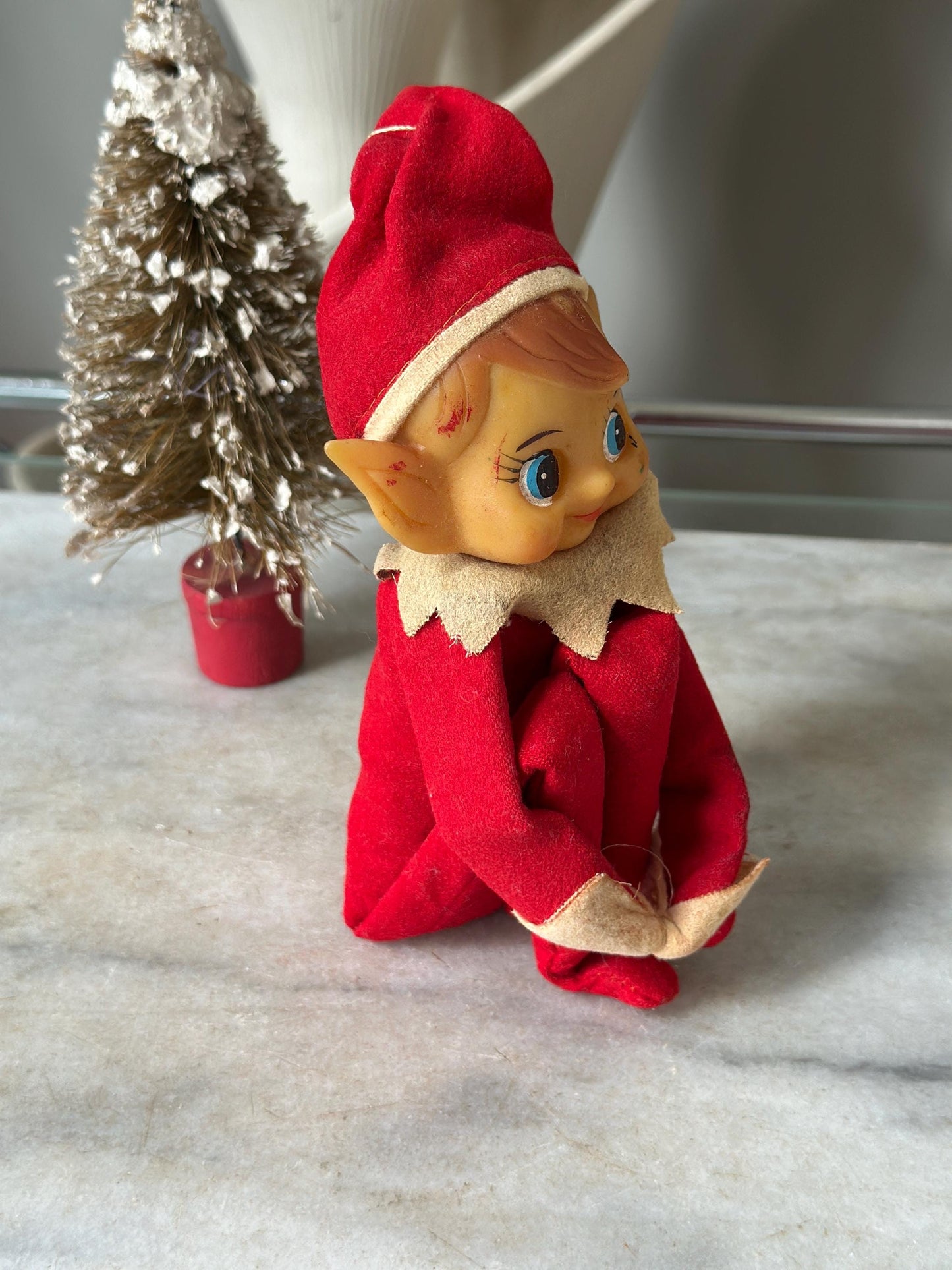 Vintage Large Knee Hugger Elf  | Red Felt Suit | Rubber Faved | 14” | Kitschy Christmas