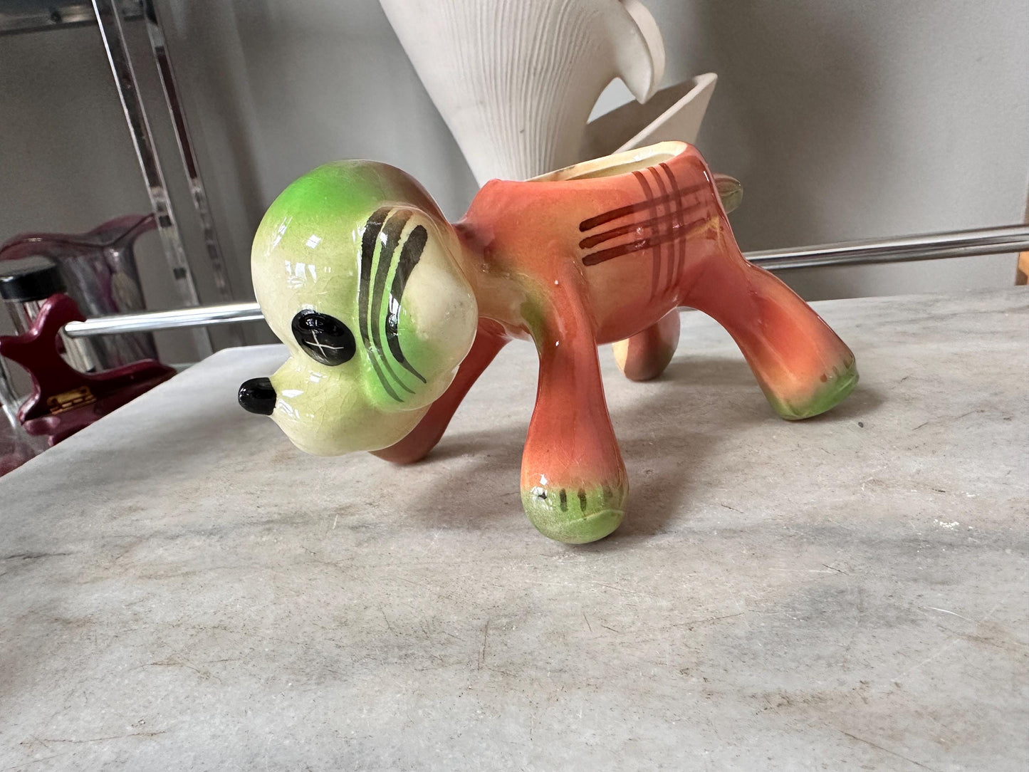 Vintage Kitsch Puppy Dog Planter | Mid-Century Orange Green Glazed Ceramic Vase