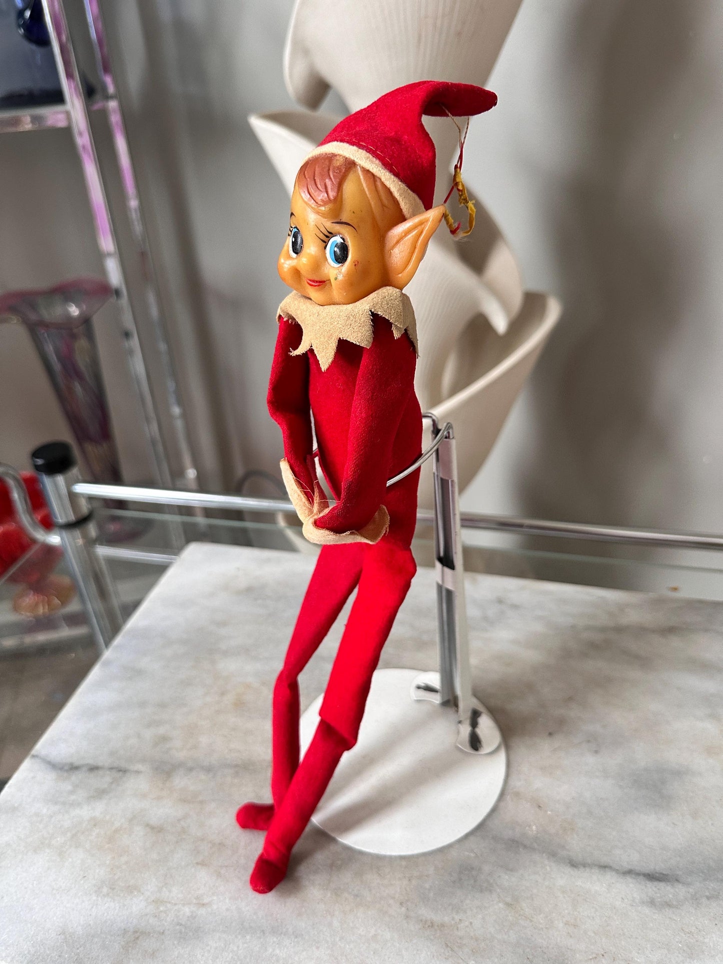 Vintage Large Knee Hugger Elf  | Red Felt Suit | Rubber Faved | 14” | Kitschy Christmas