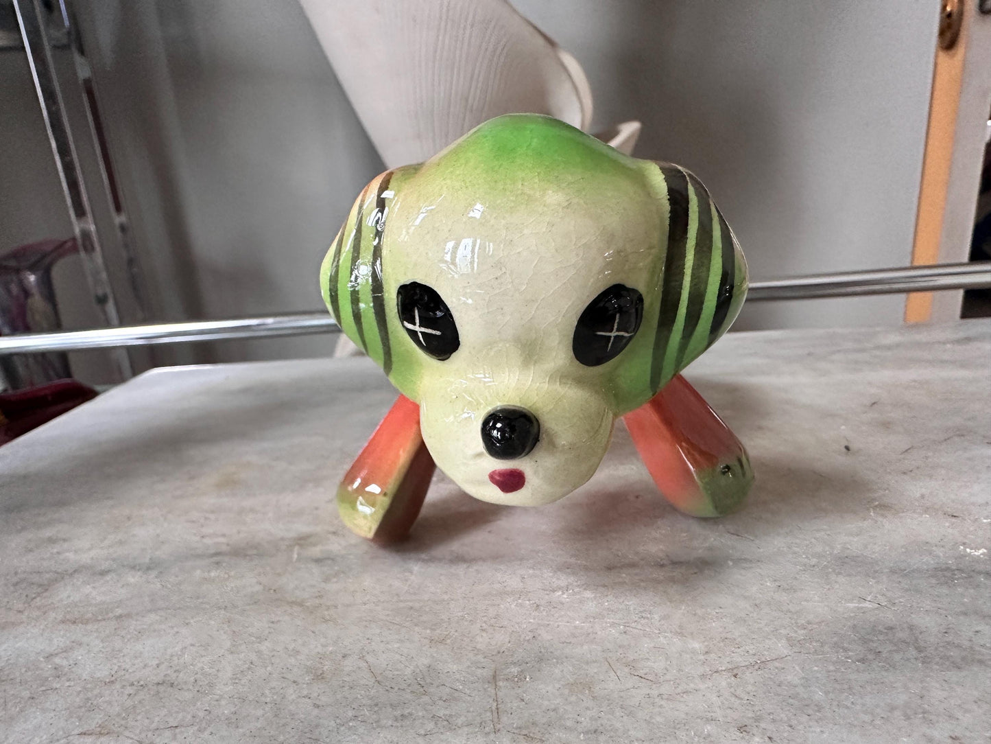 Vintage Kitsch Puppy Dog Planter | Mid-Century Orange Green Glazed Ceramic Vase