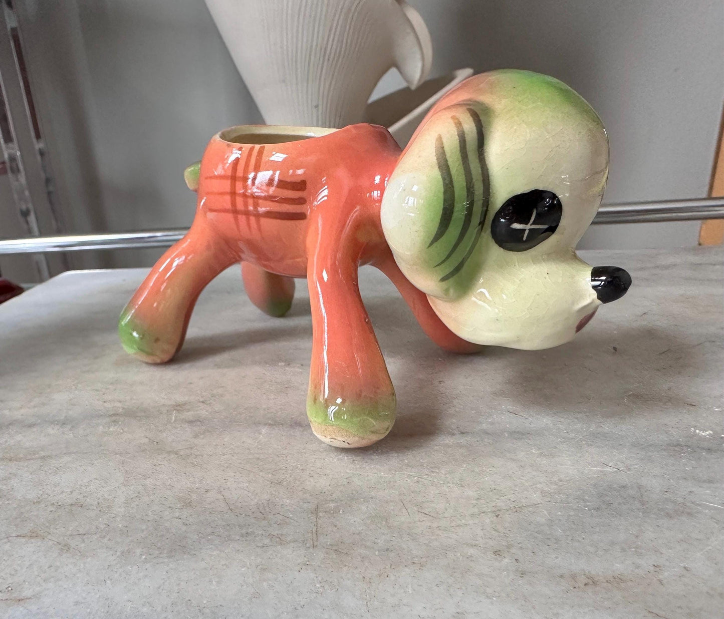 Vintage Kitsch Puppy Dog Planter | Mid-Century Orange Green Glazed Ceramic Vase