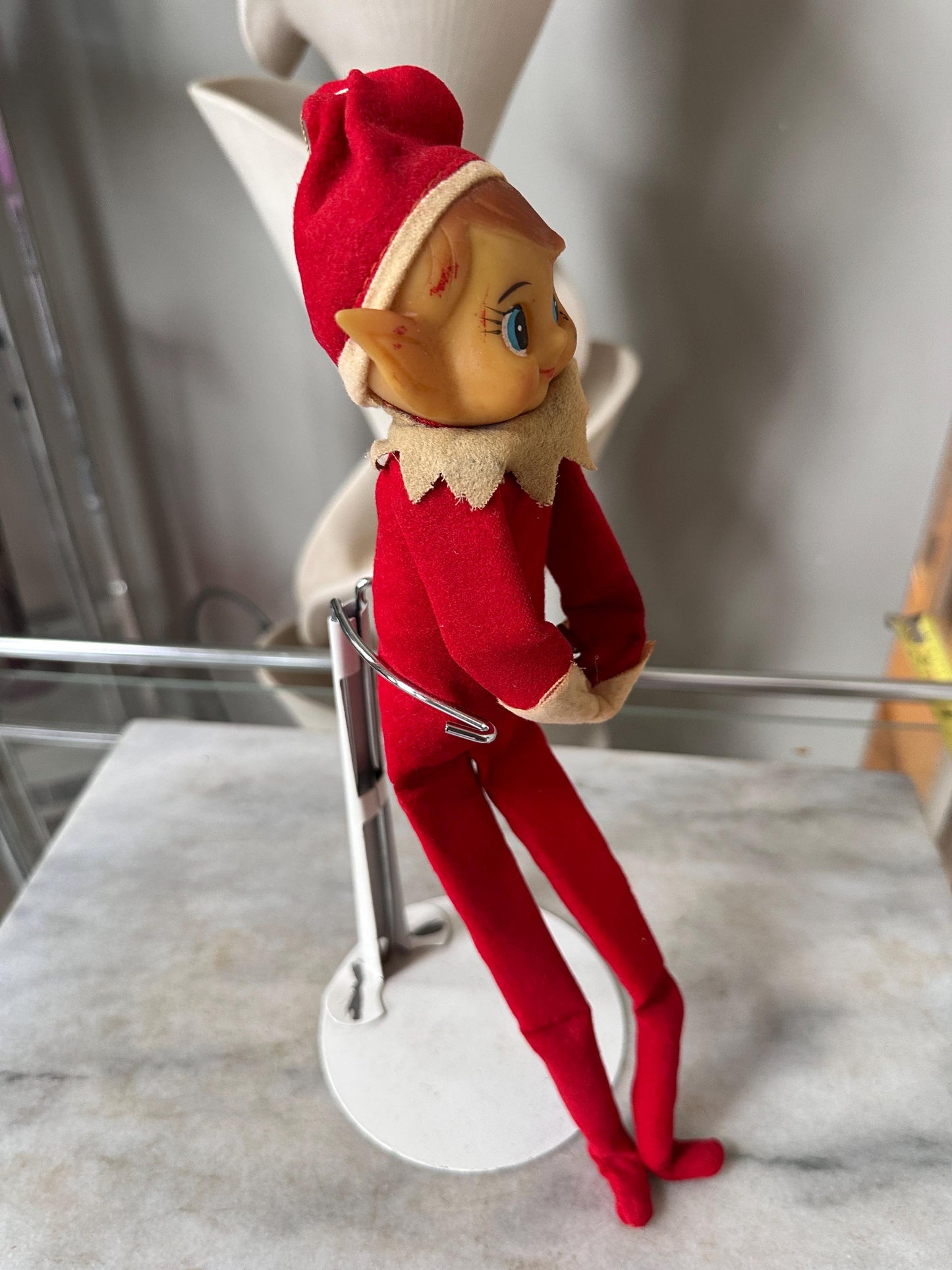 Vintage Large Knee Hugger Elf  | Red Felt Suit | Rubber Faved | 14” | Kitschy Christmas