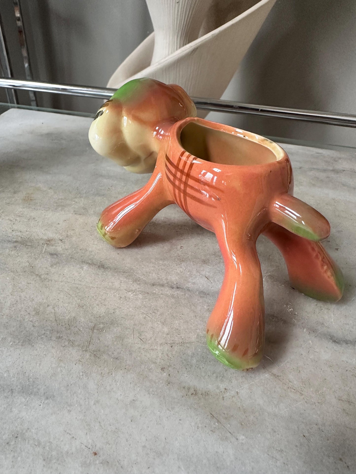 Vintage Kitsch Puppy Dog Planter | Mid-Century Orange Green Glazed Ceramic Vase