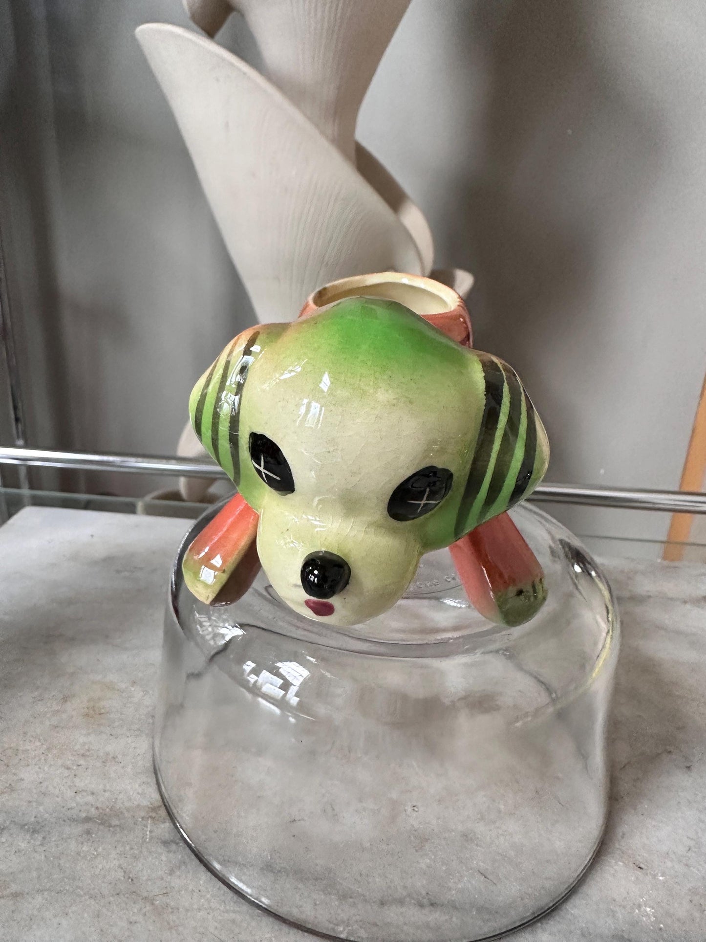 Vintage Kitsch Puppy Dog Planter | Mid-Century Orange Green Glazed Ceramic Vase