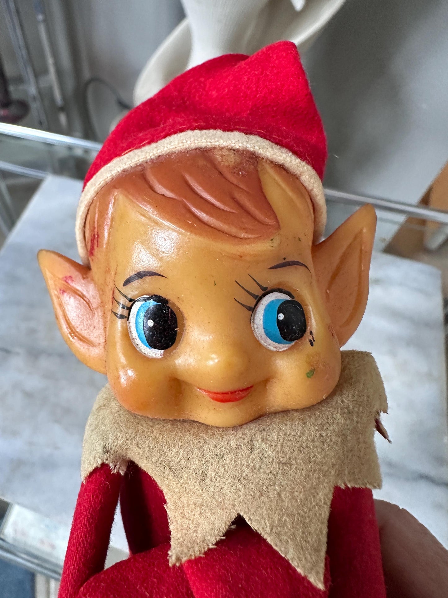 Vintage Large Knee Hugger Elf  | Red Felt Suit | Rubber Faved | 14” | Kitschy Christmas