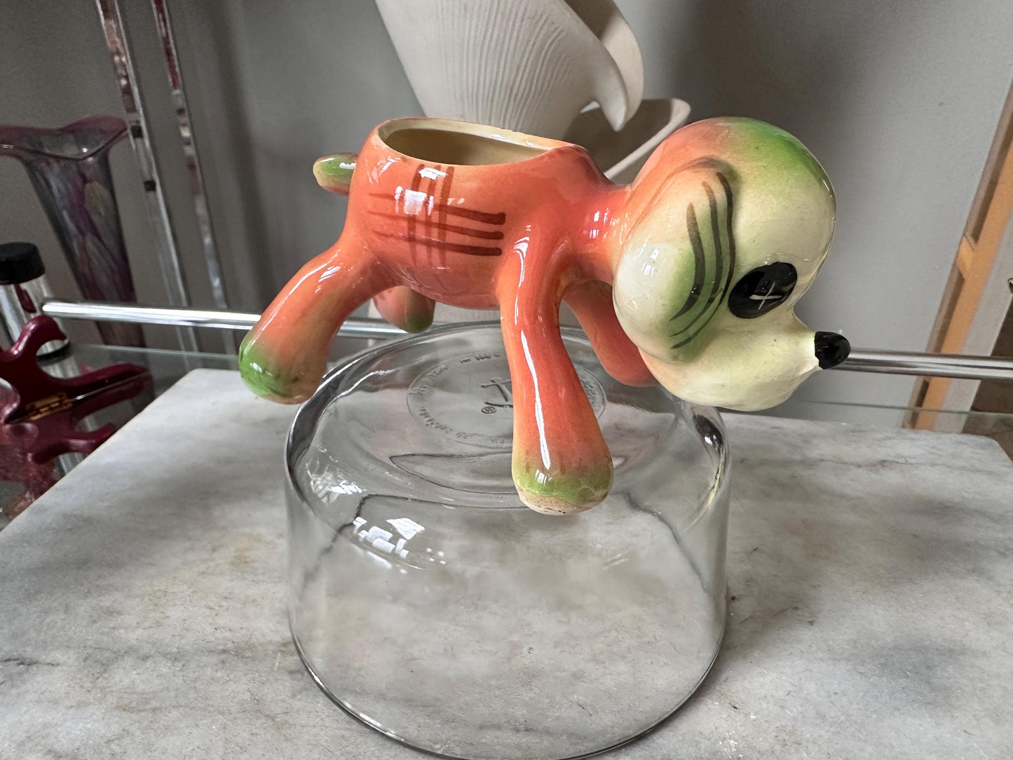 Vintage Kitsch Puppy Dog Planter | Mid-Century Orange Green Glazed Ceramic Vase