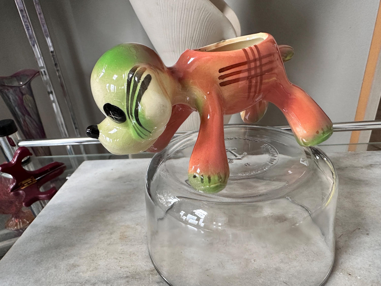 Vintage Kitsch Puppy Dog Planter | Mid-Century Orange Green Glazed Ceramic Vase