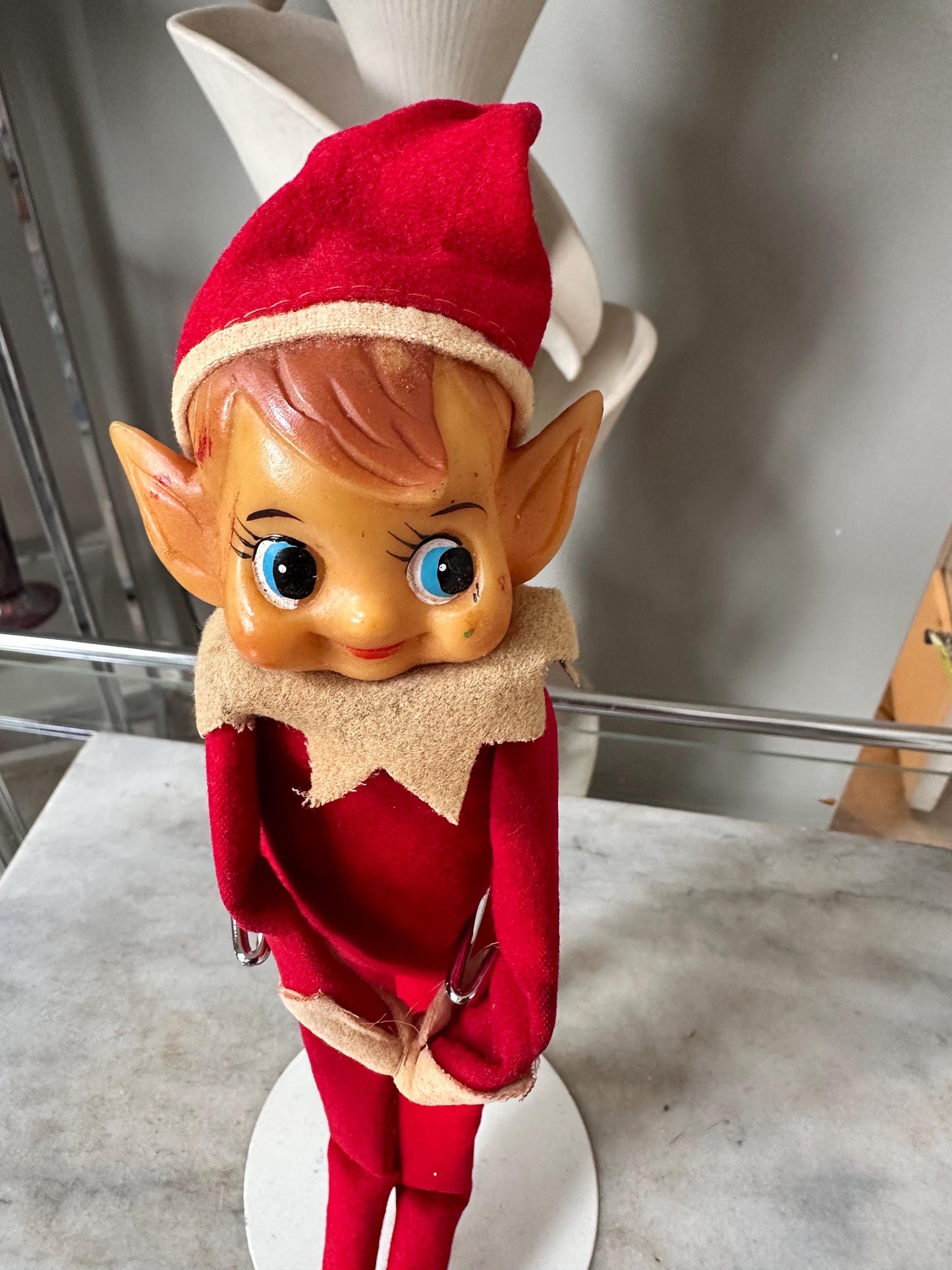 Vintage Large Knee Hugger Elf  | Red Felt Suit | Rubber Faved | 14” | Kitschy Christmas
