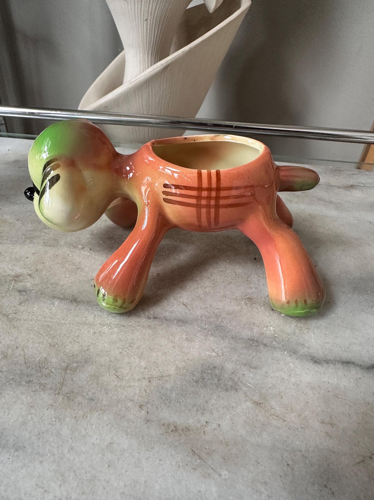 Vintage Kitsch Puppy Dog Planter | Mid-Century Orange Green Glazed Ceramic Vase
