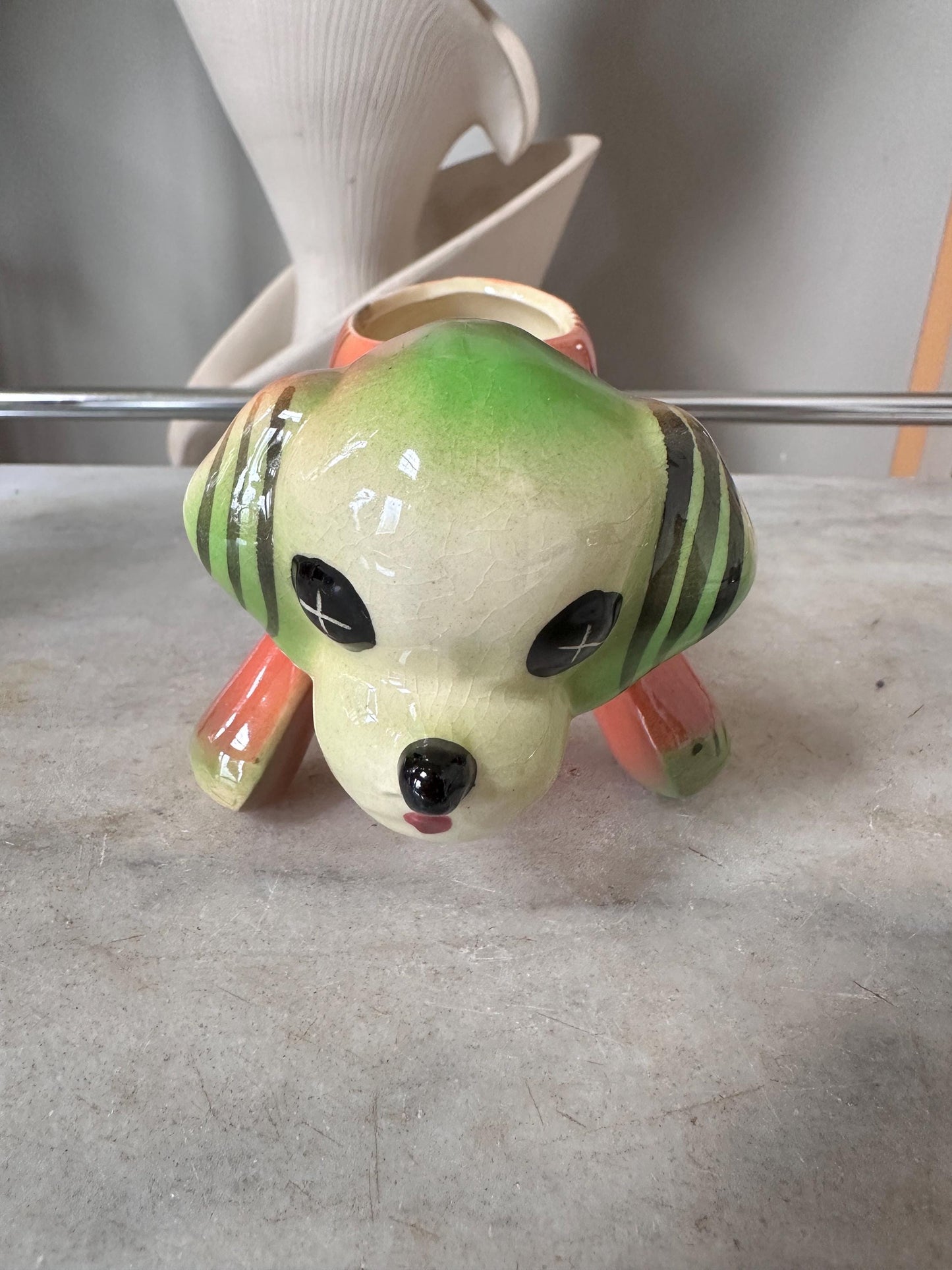 Vintage Kitsch Puppy Dog Planter | Mid-Century Orange Green Glazed Ceramic Vase
