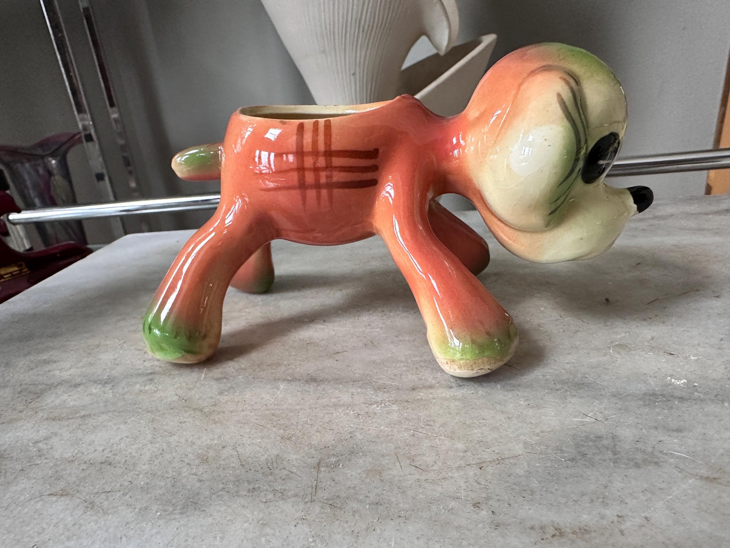 Vintage Kitsch Puppy Dog Planter | Mid-Century Orange Green Glazed Ceramic Vase
