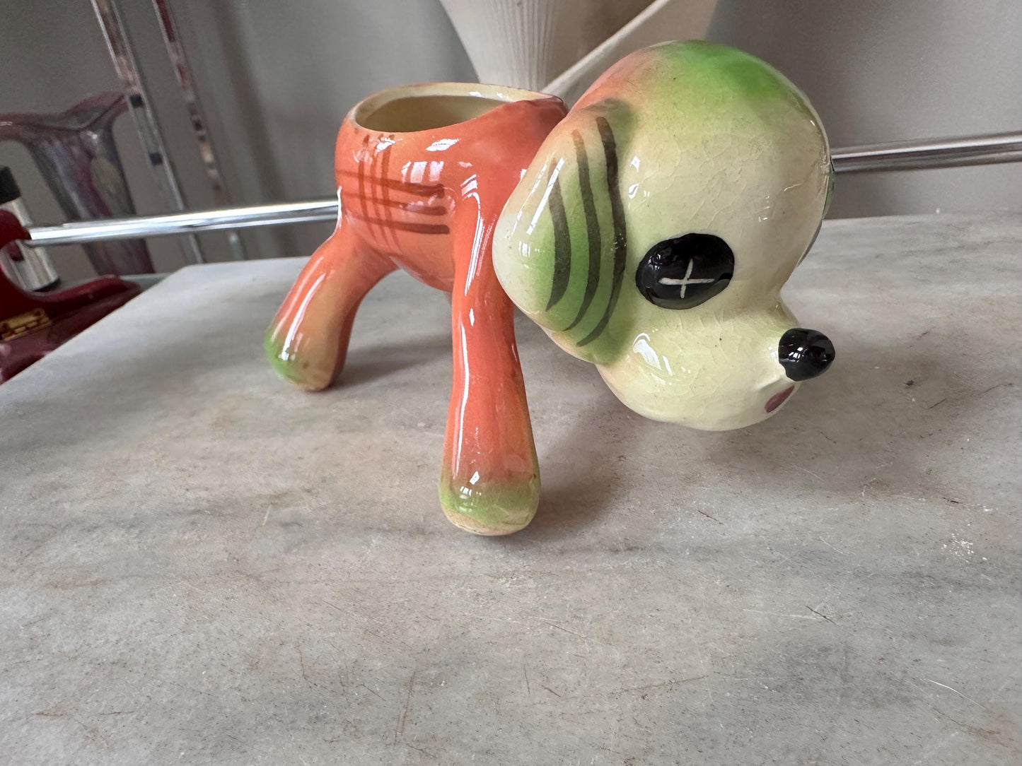 Vintage Kitsch Puppy Dog Planter | Mid-Century Orange Green Glazed Ceramic Vase