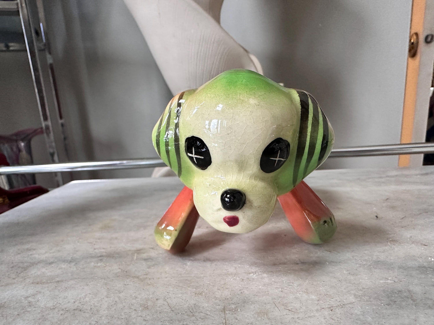Vintage Kitsch Puppy Dog Planter | Mid-Century Orange Green Glazed Ceramic Vase