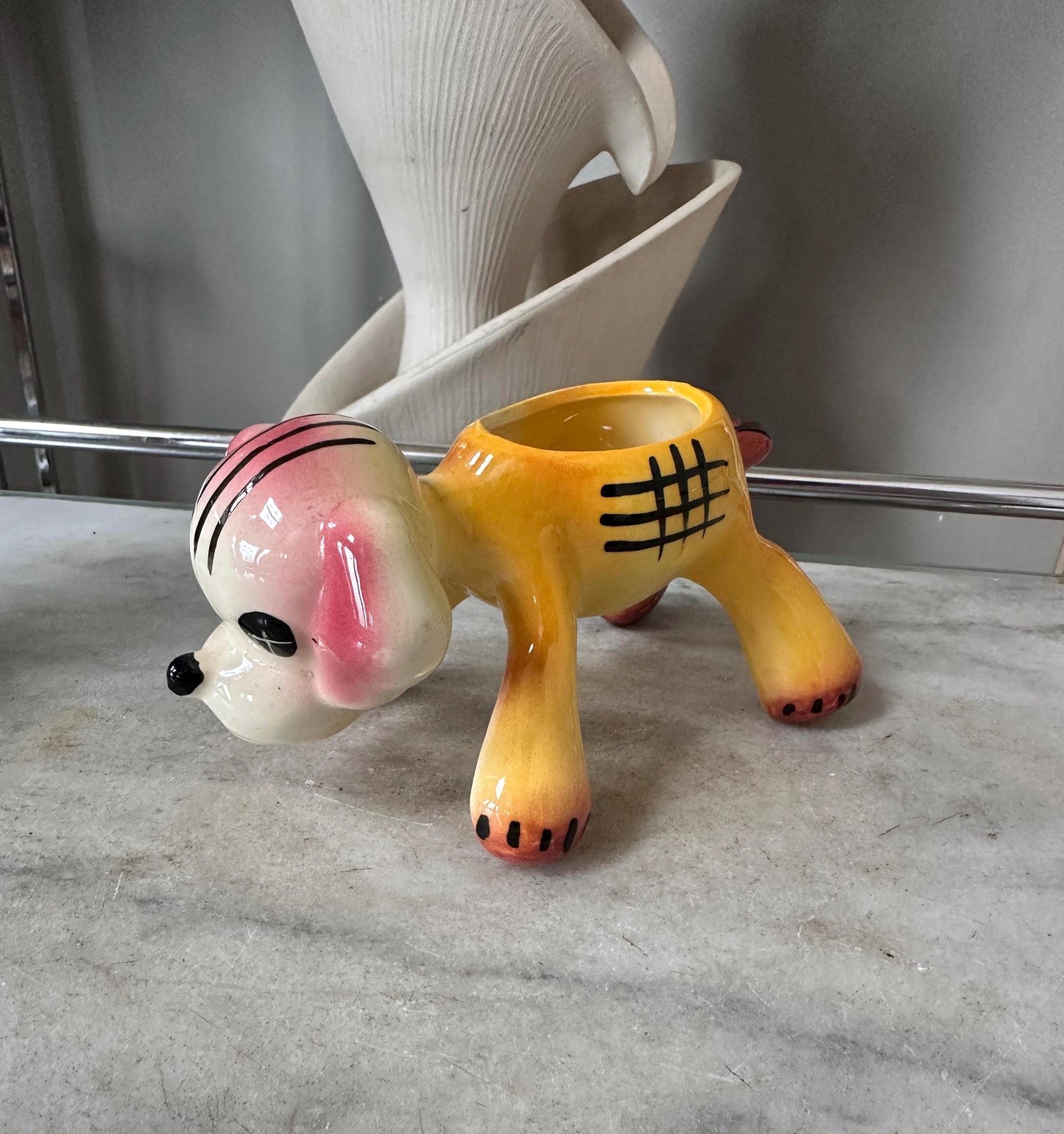 Vintage Kitsch Puppy Dog Planter | Pink Yellow Glazed Ceramic Vase