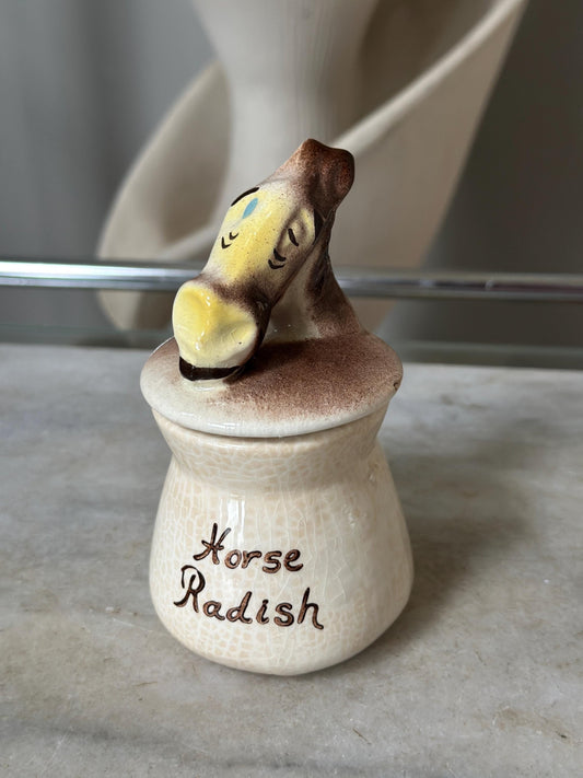 Vintage DeForest Horse Relish Jar, 1950's Kitsch Horseradish Keeper