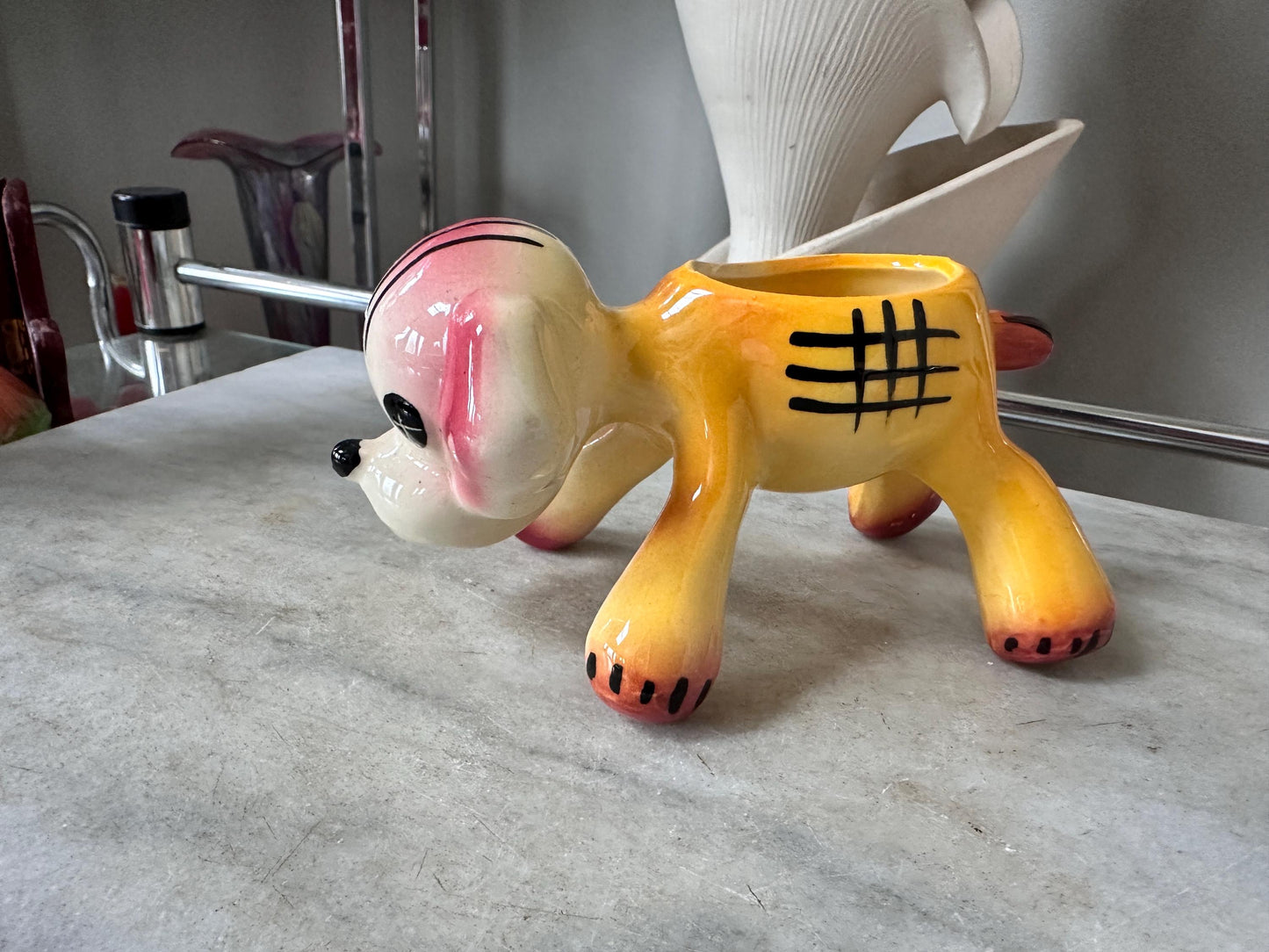 Vintage Kitsch Puppy Dog Planter | Pink Yellow Glazed Ceramic Vase