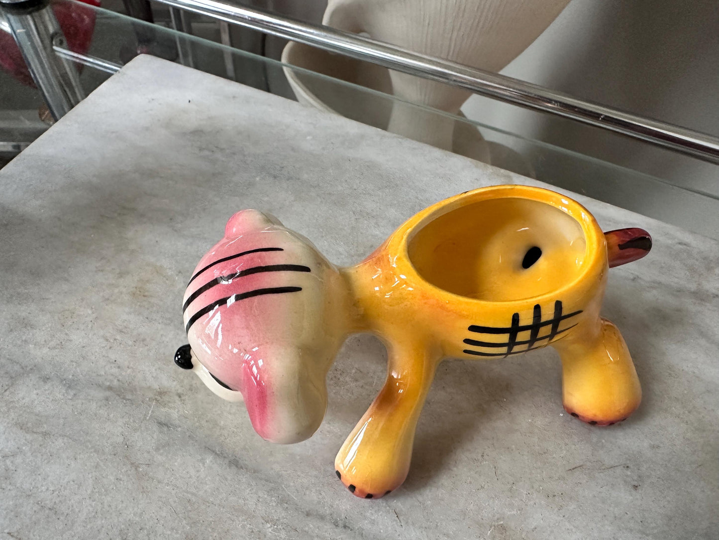 Vintage Kitsch Puppy Dog Planter | Pink Yellow Glazed Ceramic Vase