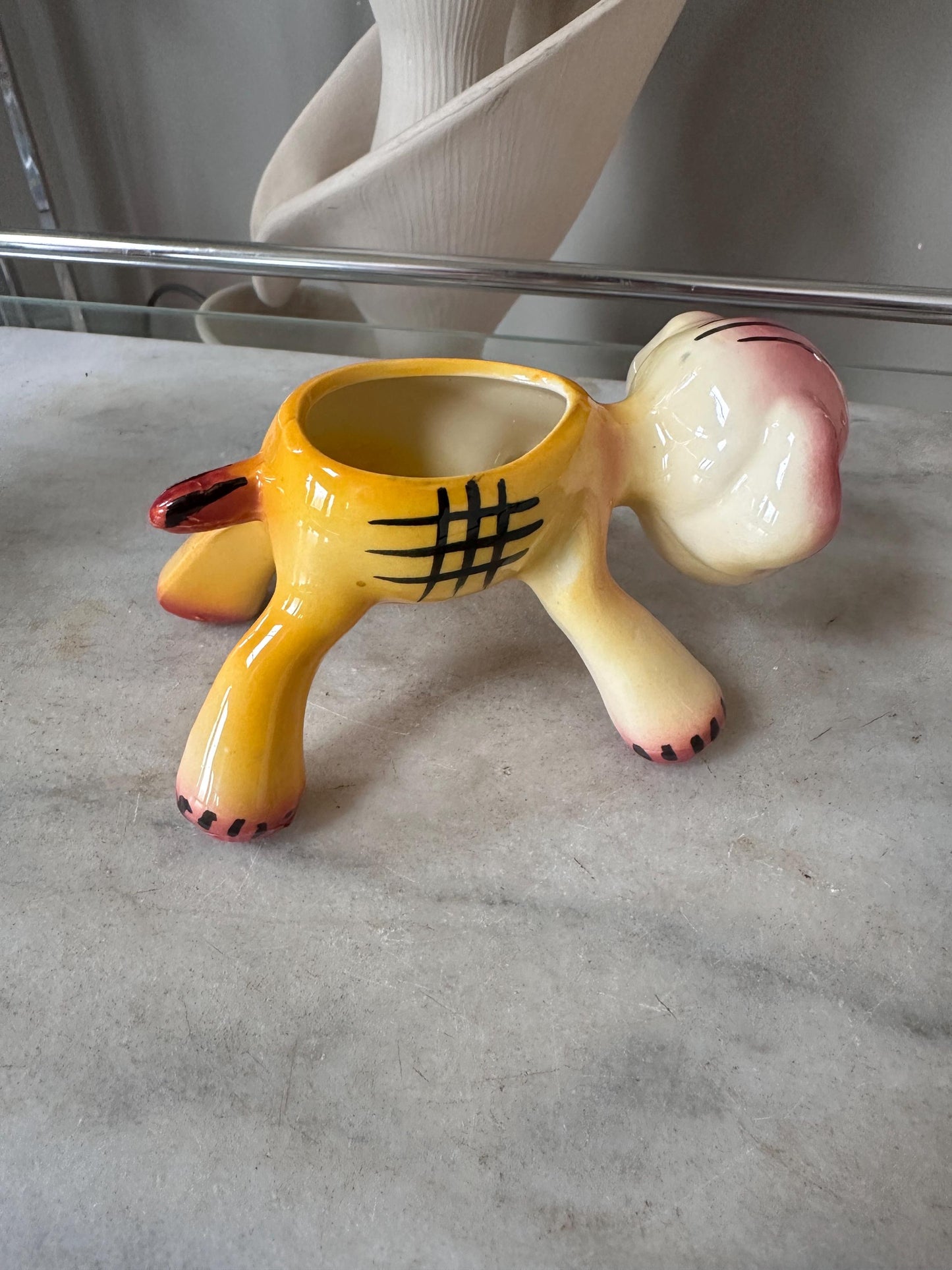 Vintage Kitsch Puppy Dog Planter | Pink Yellow Glazed Ceramic Vase