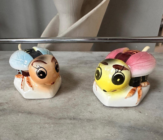 Vintage Anthropomorphic Bee Salt Cellars, Mid Century Ceramic Japan