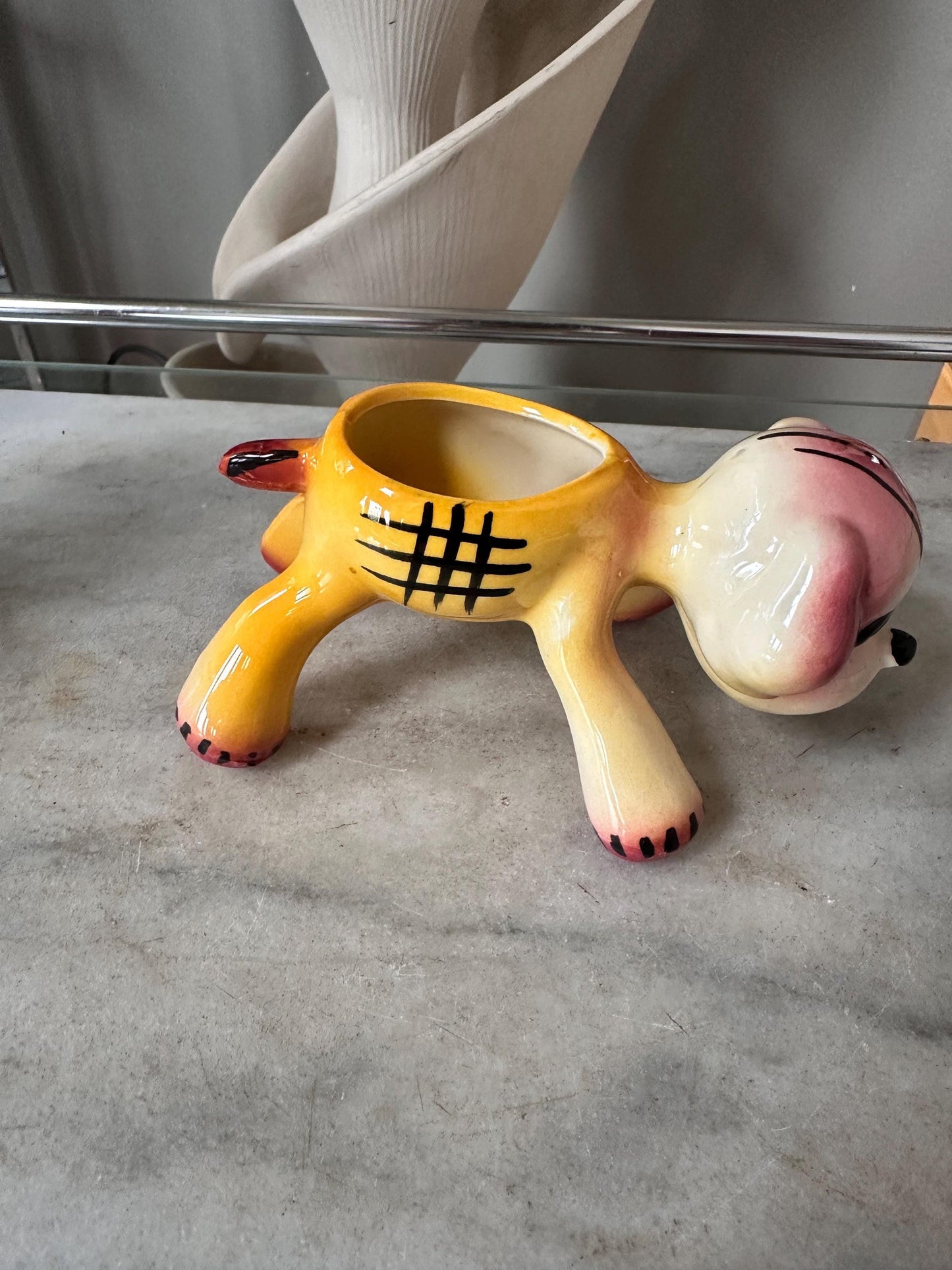 Vintage Kitsch Puppy Dog Planter | Pink Yellow Glazed Ceramic Vase