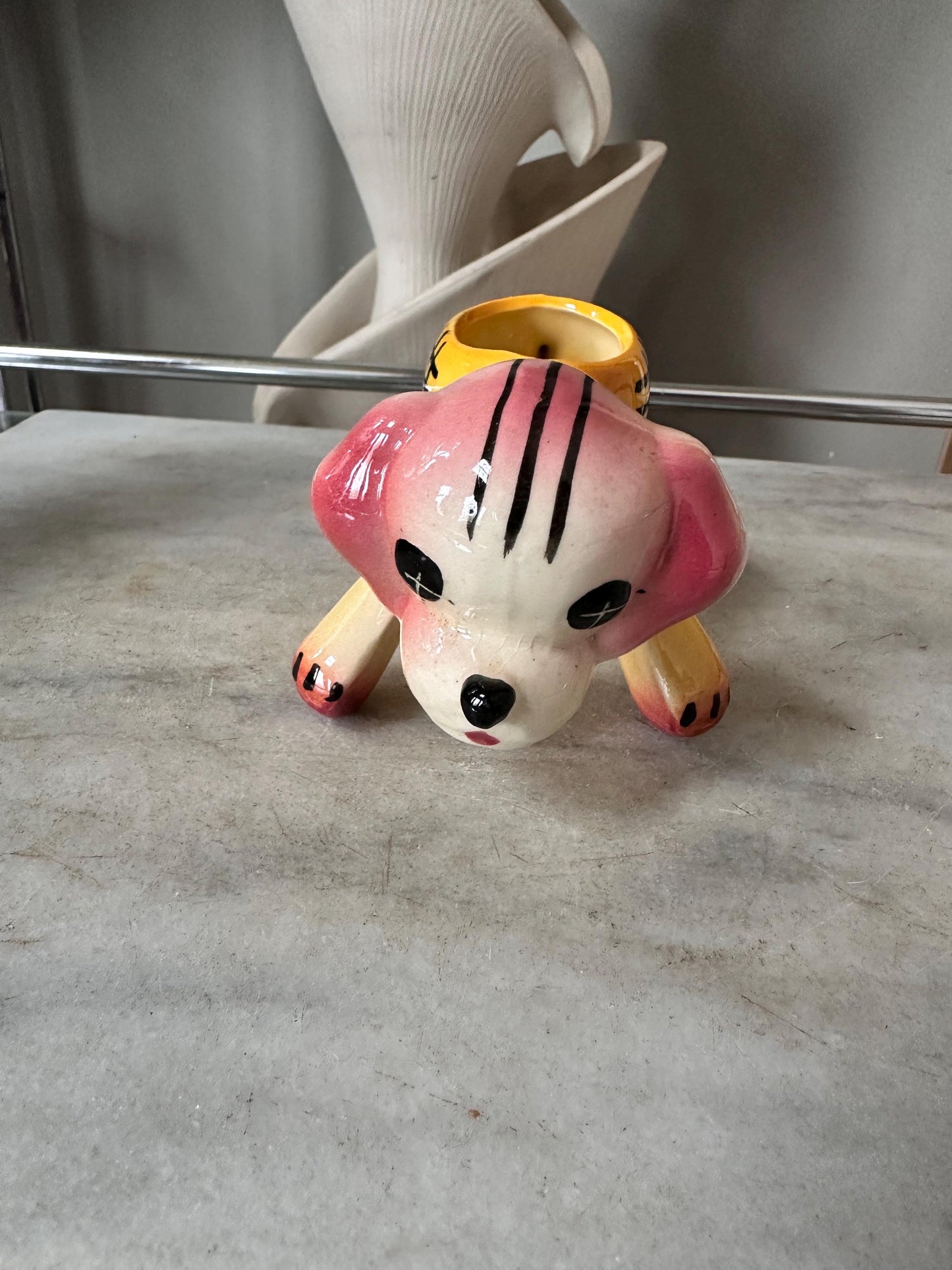Vintage Kitsch Puppy Dog Planter | Pink Yellow Glazed Ceramic Vase