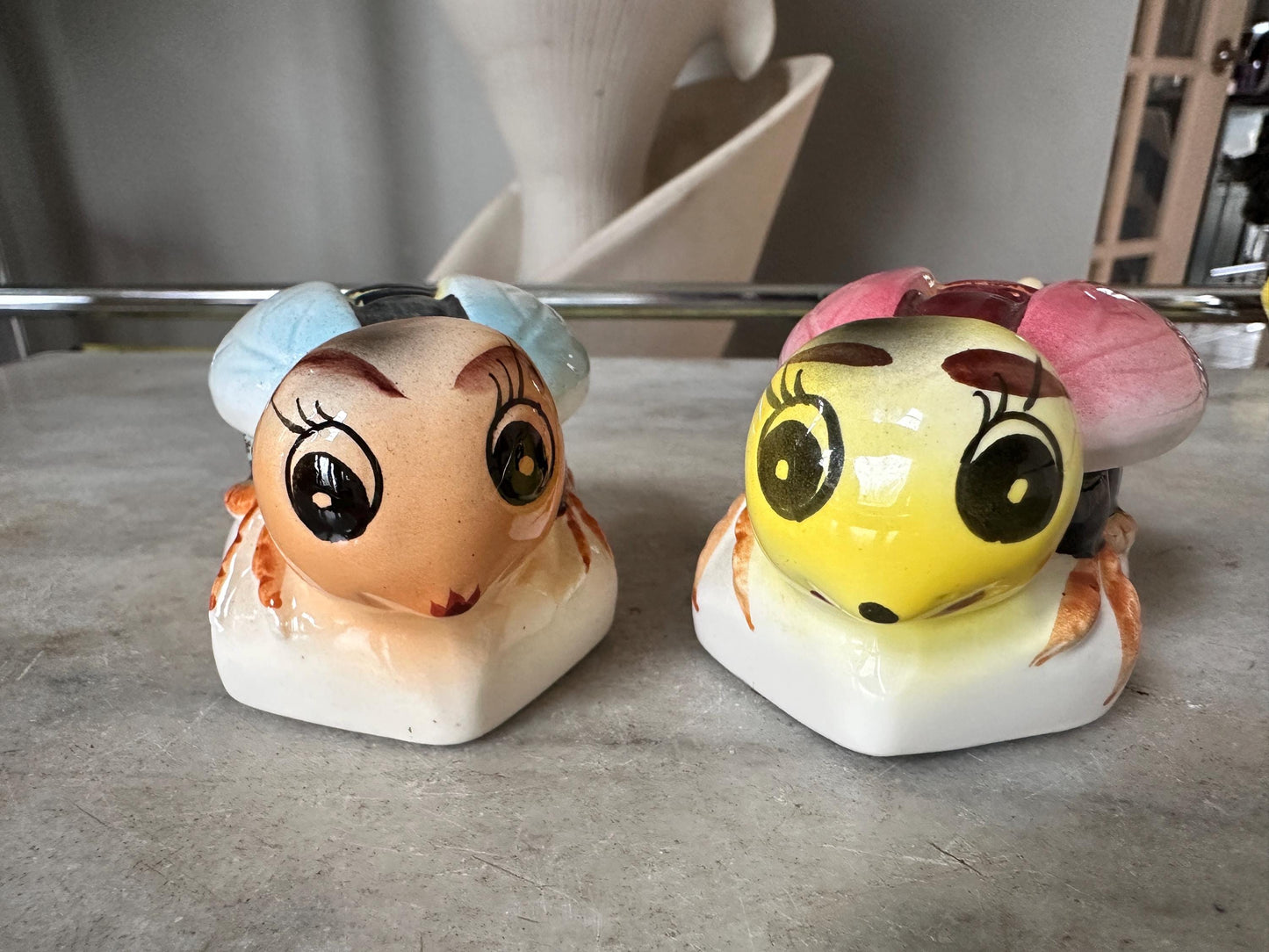 Vintage Anthropomorphic Bee Salt Cellars, Mid Century Ceramic Japan