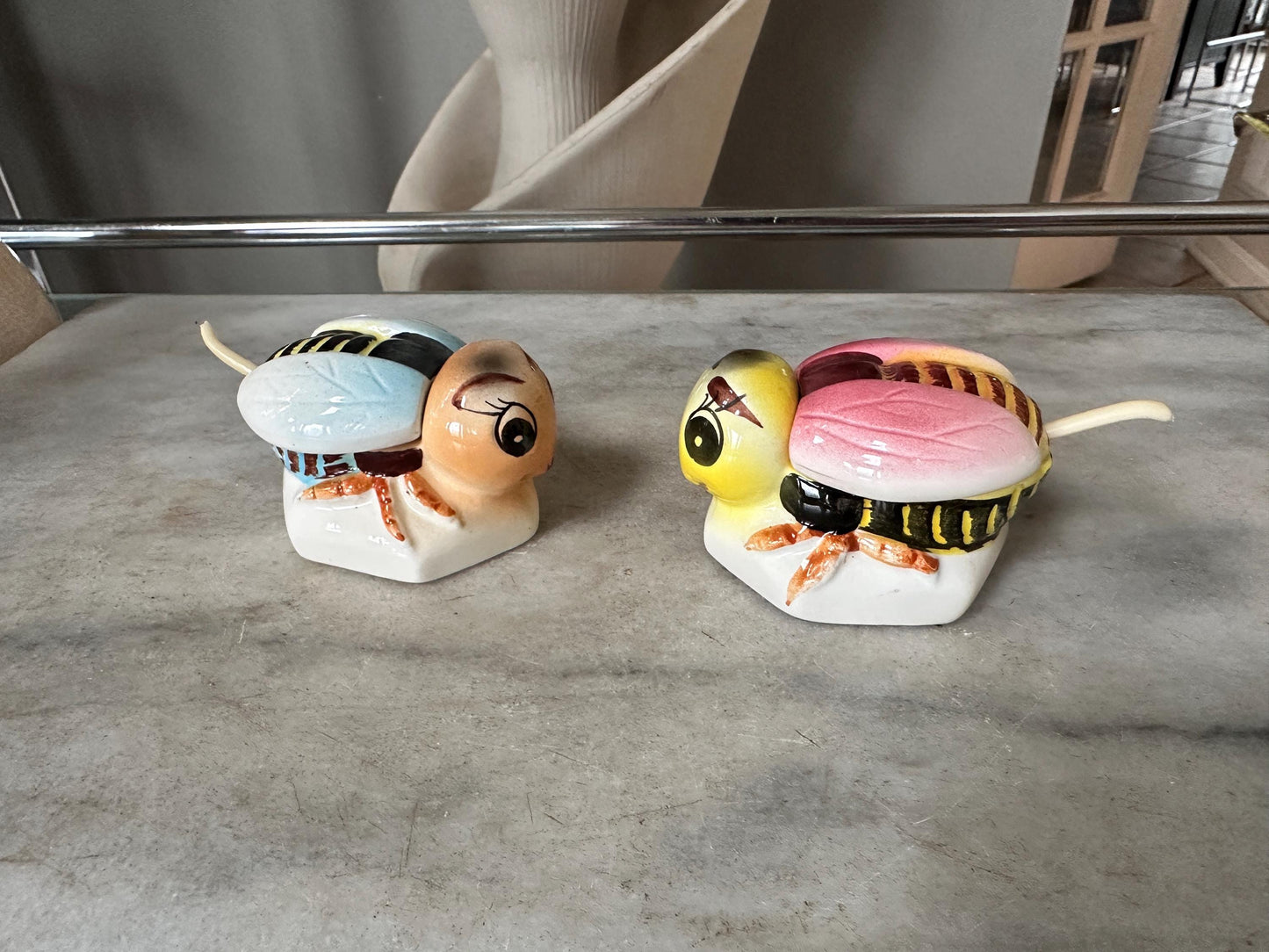 Vintage Anthropomorphic Bee Salt Cellars, Mid Century Ceramic Japan