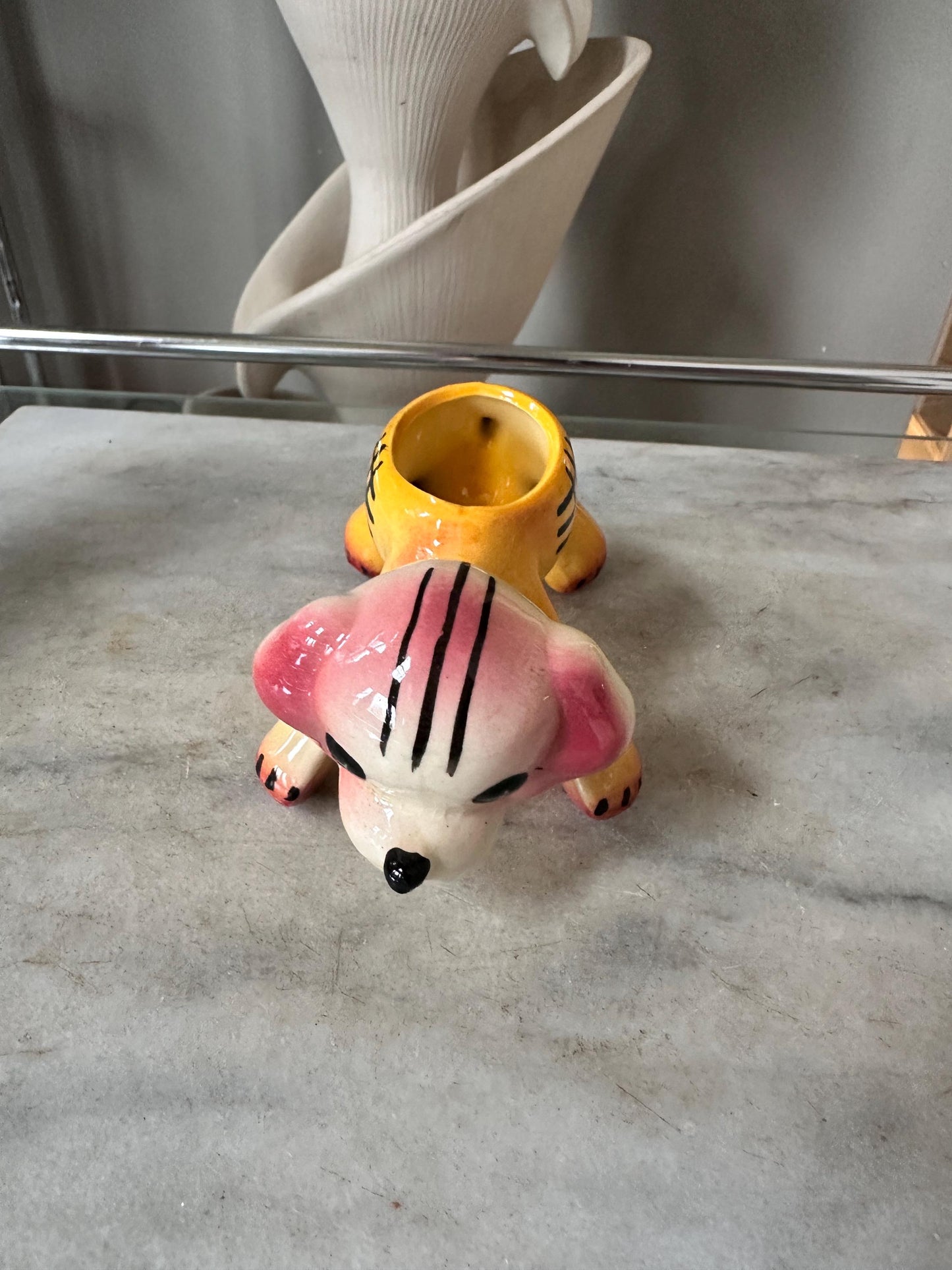 Vintage Kitsch Puppy Dog Planter | Pink Yellow Glazed Ceramic Vase